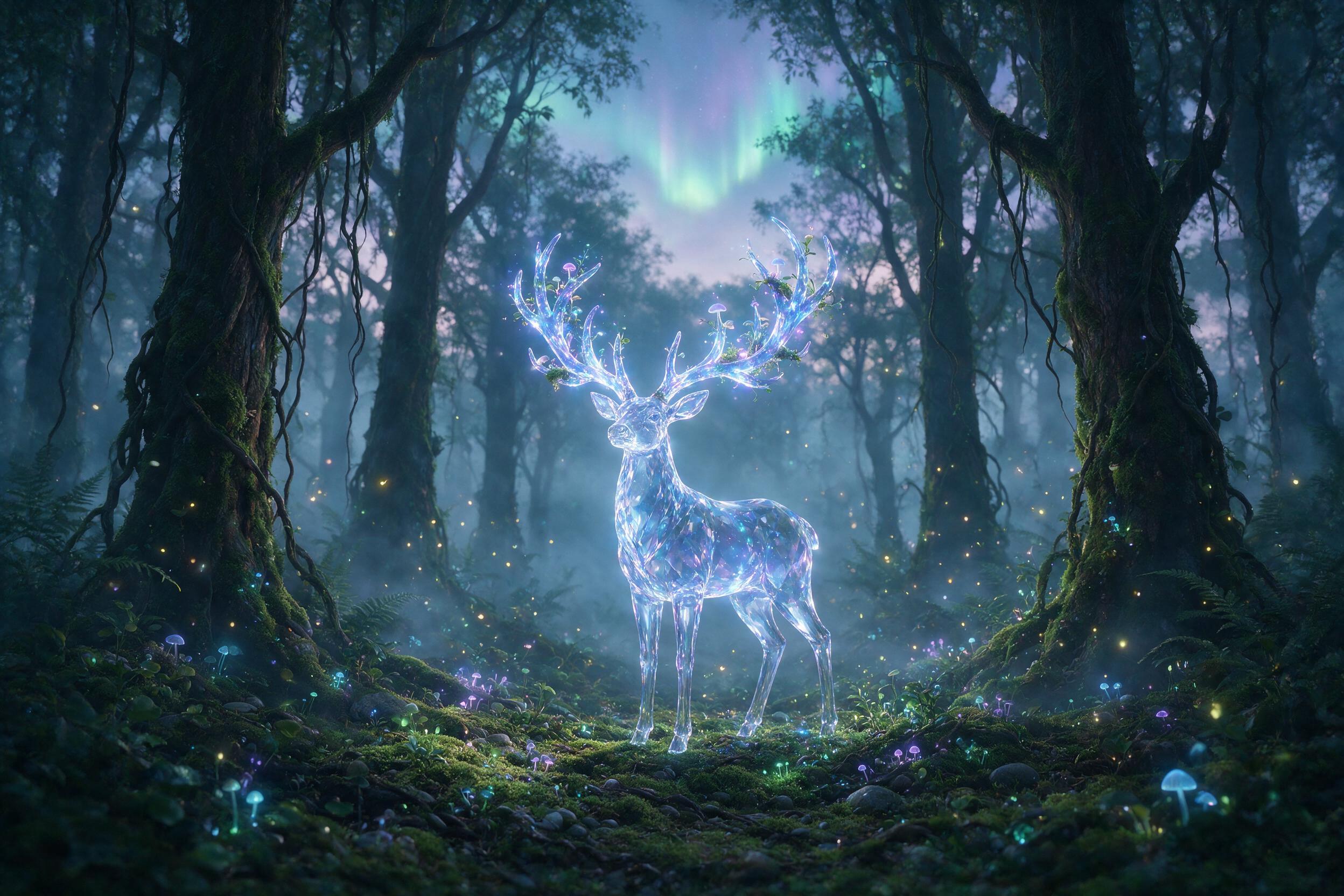 A glowing crystal deer stands in a misty, bioluminescent forest at twilight. Soft blue and purple light radiates from its antlers, casting intricate shadows on mossy ground. Fireflies float like tiny lanterns, and a faint aurora shimmers through the canopy. The scene is calm, ethereal, with a slight