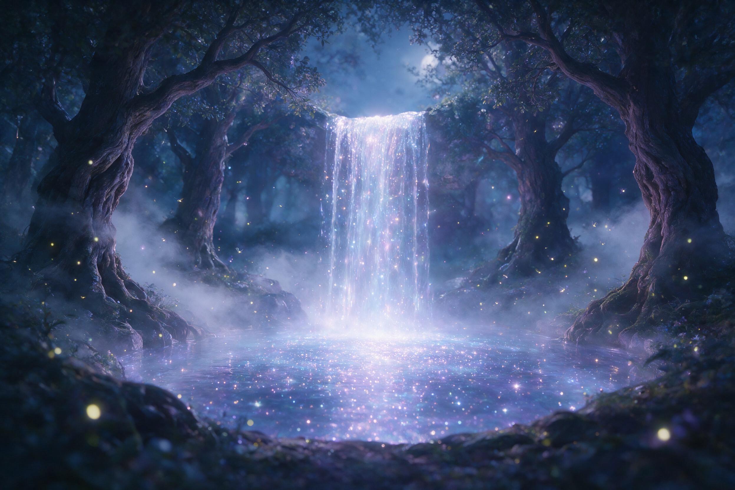 A moonlit forest clearing with a glowing, translucent waterfall cascading into a pool of liquid starlight, silver mist weaving between ancient, gnarled trees, fireflies drifting like tiny lanterns, soft blue and violet hues, ethereal atmosphere, shallow depth of field