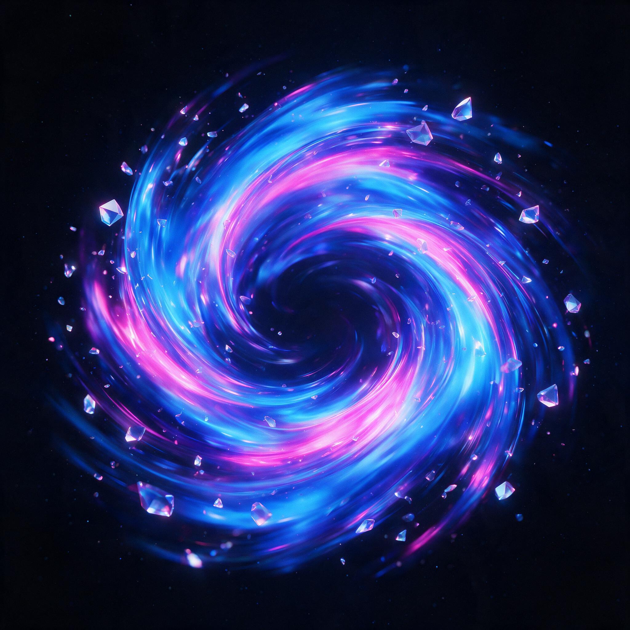 A swirling vortex of neon blue and magenta liquid curves against a dark void, with scattered geometric shards reflecting soft glow, minimalistic composition, smooth gradients, motion blur