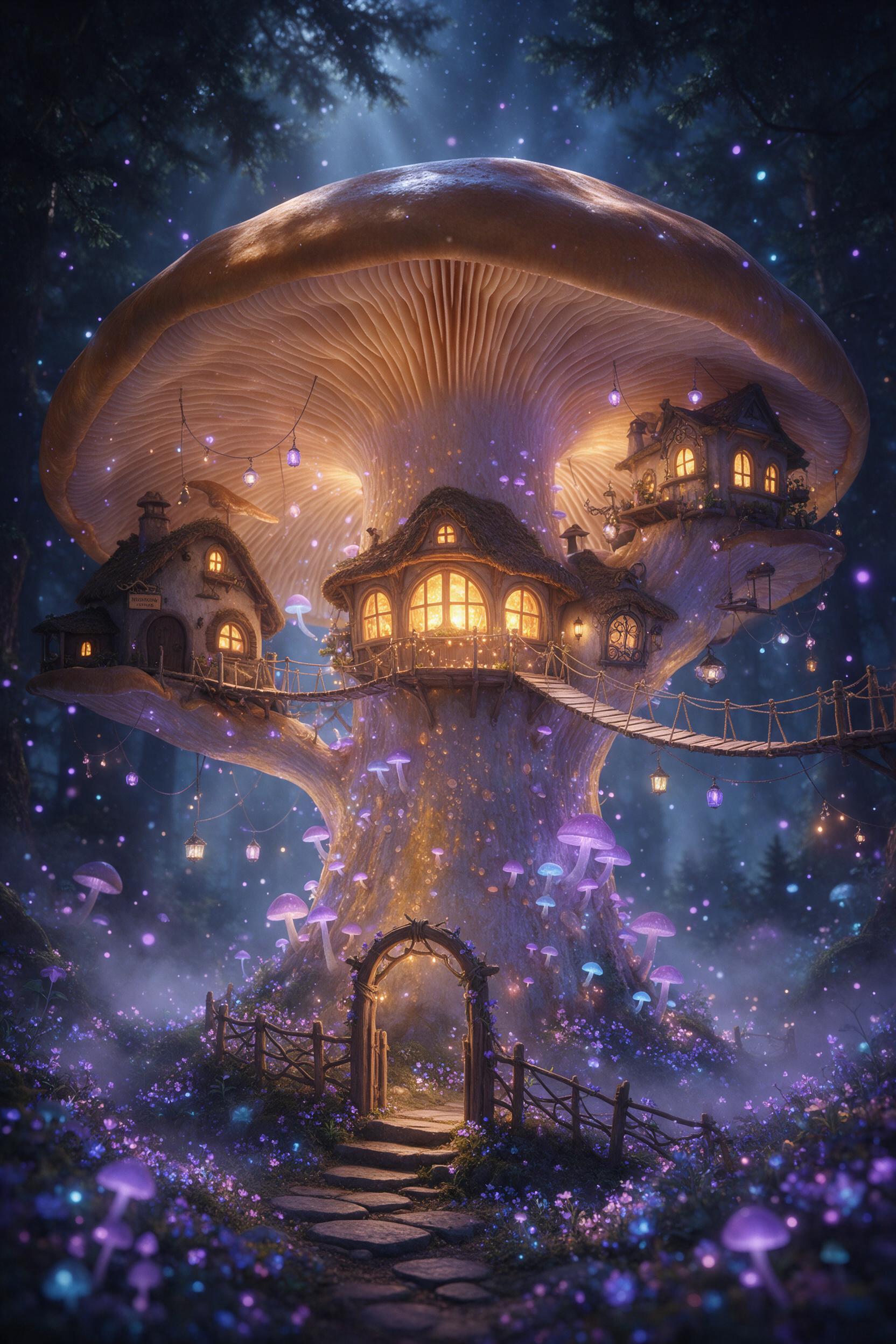 A luminous fairy village nestled inside a giant glowing mushroom, bioluminescent purple and blue spores drifting through misty air, tiny lantern-lit wooden bridges connecting the cap houses, moonbeams piercing dense canopy, soft depth of field, whimsical and dreamy atmosphere