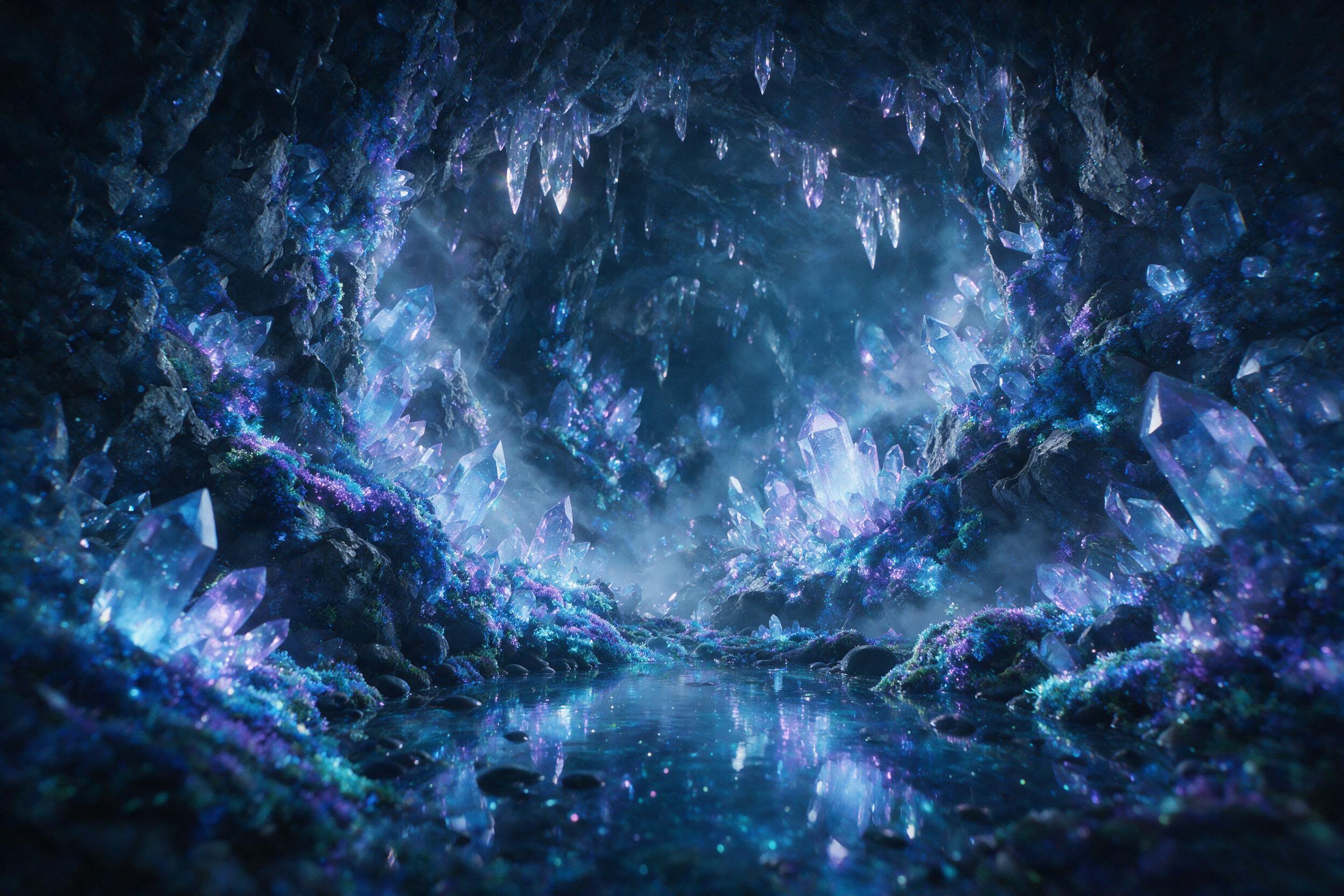 A luminous crystal cave deep underground, glowing blue and purple moss clinging to jagged rock formations, a small pool of water reflecting the ethereal light, mist swirling, soft bioluminescence, low angle view, cinematic composition, slight grain