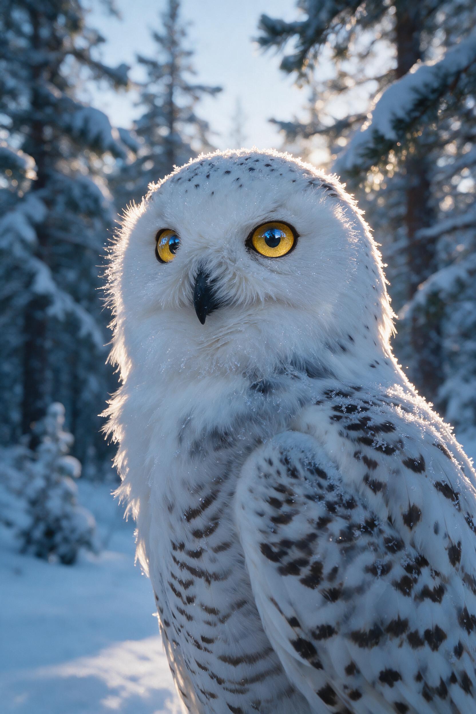 A close-up portrait of a snowy owl in a winter forest, its large golden eyes reflecting the soft blue light of a snowy twilight. The background shows blurred pine trees covered in snow, with natural backlighting from the low sun. The feathers are detailed with subtle frost and soft shadows. The imag