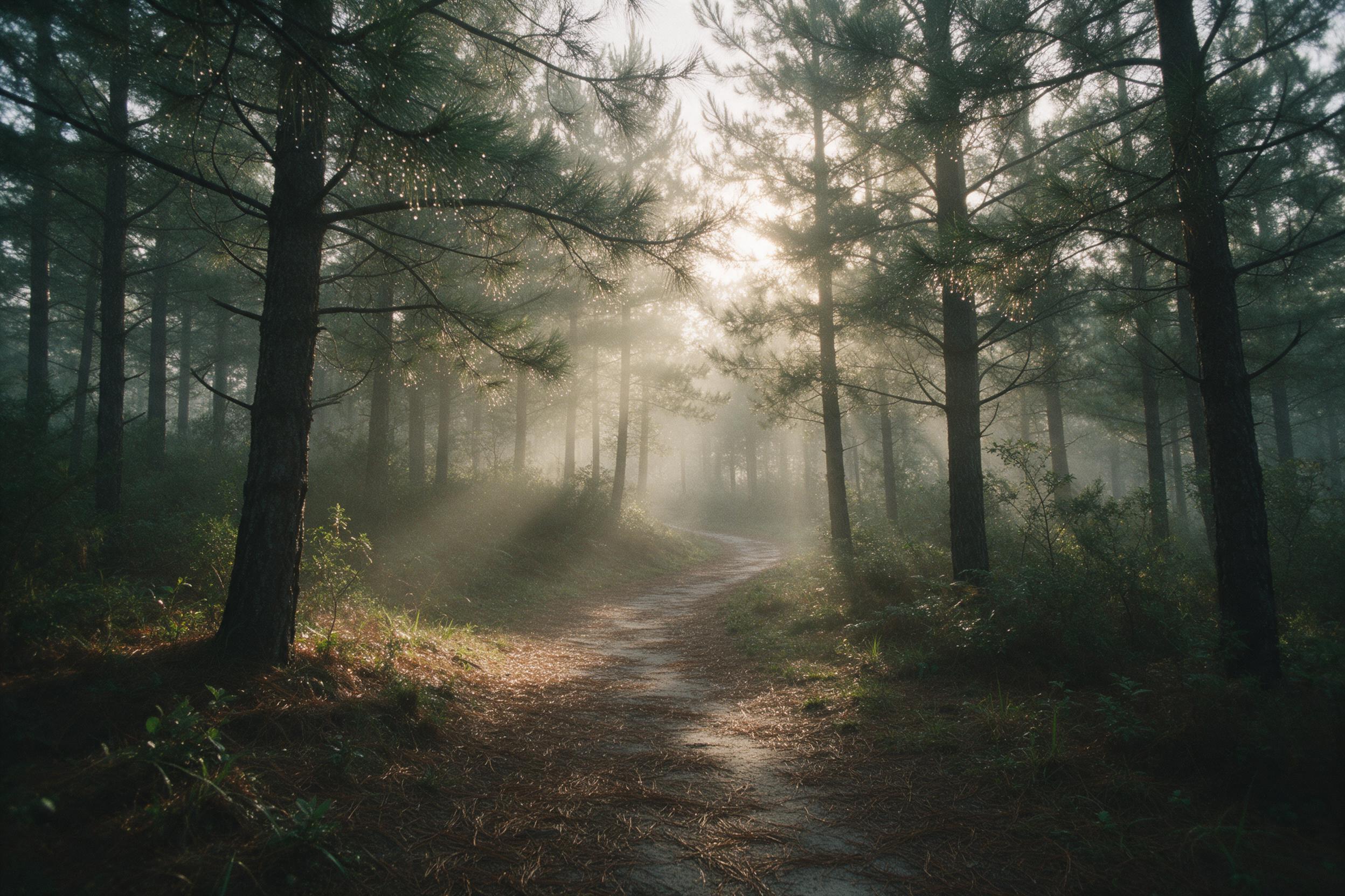 Sunlight piercing a misty coniferous forest at dawn, tall pines with dew drops, a narrow winding dirt path covered in fallen needles, soft golden rays creating volumetric god rays, gentle fog hugging the ground, muted greens and earthy browns, natural color grading, slight film grain, wide-angle com