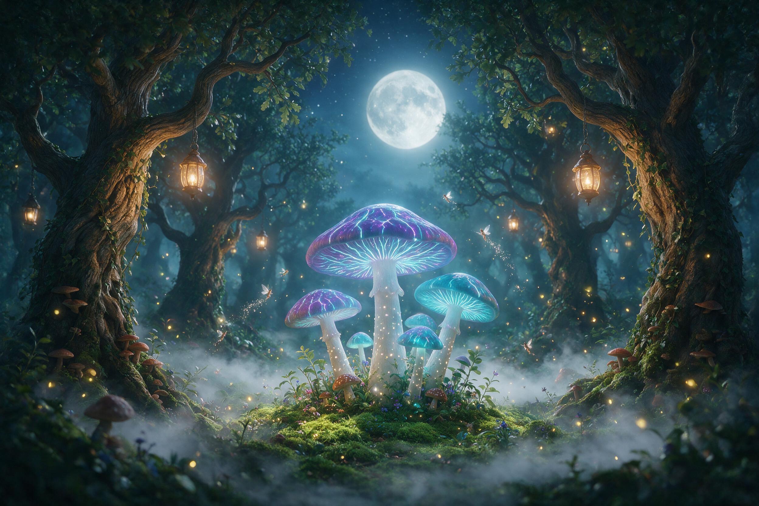 A moonlit enchanted forest clearing, giant glowing mushrooms with blue and violet caps, tiny winged fairies trailing silver dust, ancient twisted oak trees with lanterns, mist rolling over mossy ground, soft diffused moonlight, warm firefly glow, shallow depth of field, ethereal atmosphere