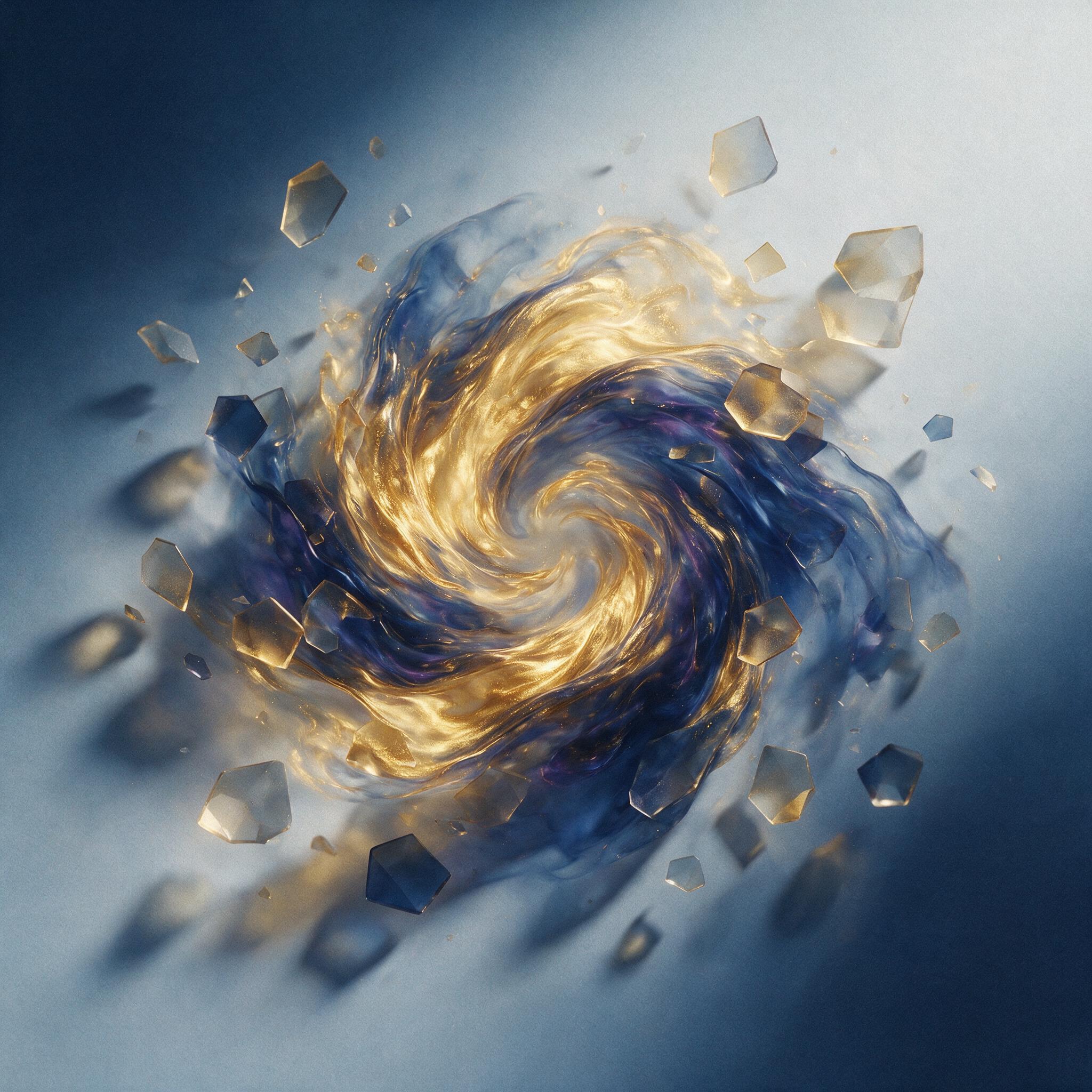 A swirling vortex of molten gold and deep indigo, fragmented glass-like geometric shapes floating in mid-air, soft diffused light casting long shadows, subtle grain texture, minimalist composition with negative space, no sharp edges or harsh contrasts.