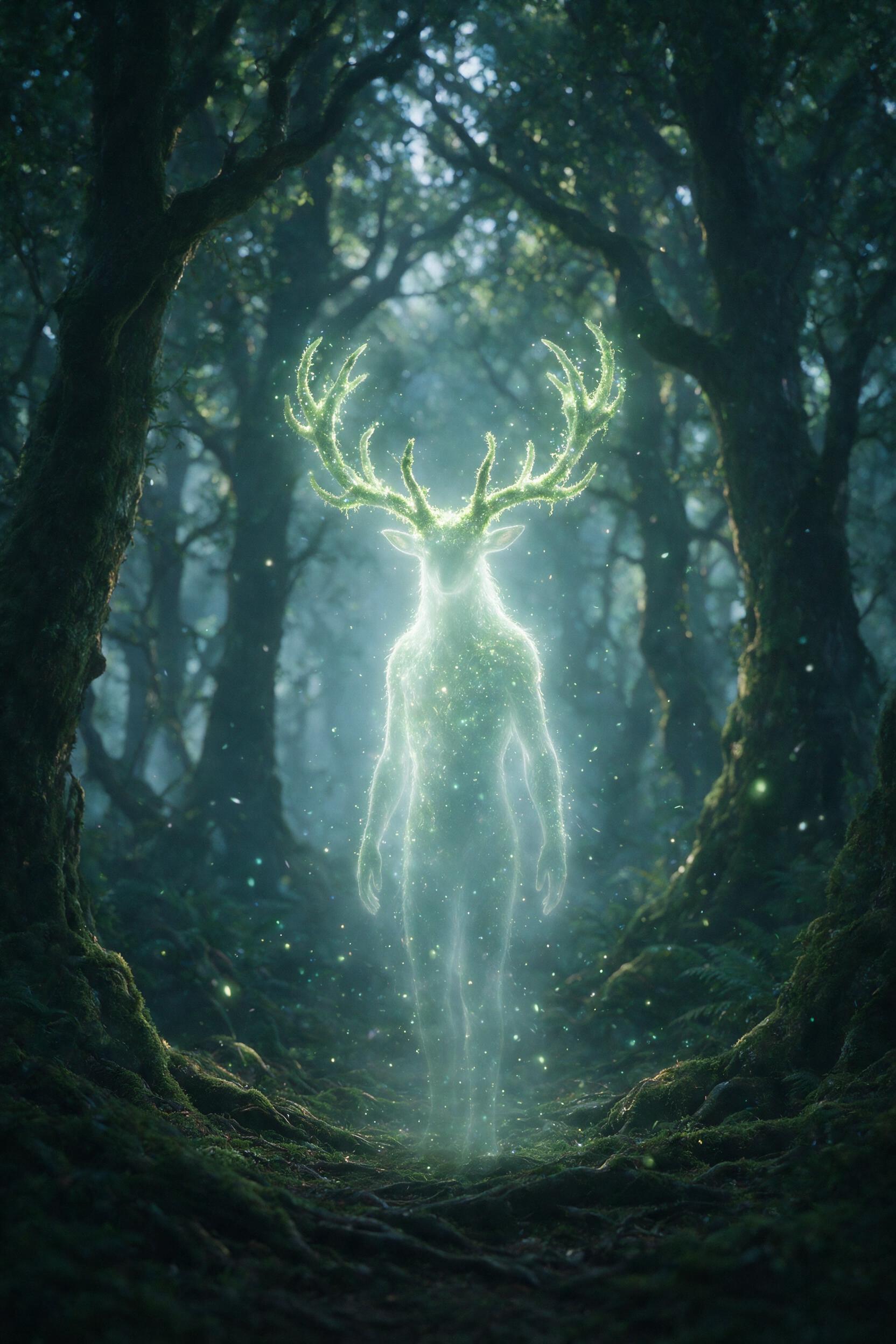A glowing, translucent forest spirit with antlers made of luminescent moss, standing in a misty, ancient woodland at twilight, soft bioluminescent particles floating in the air, shallow depth of field, dappled natural light filtering through fog, muted greens and ethereal blues, slight motion blur o