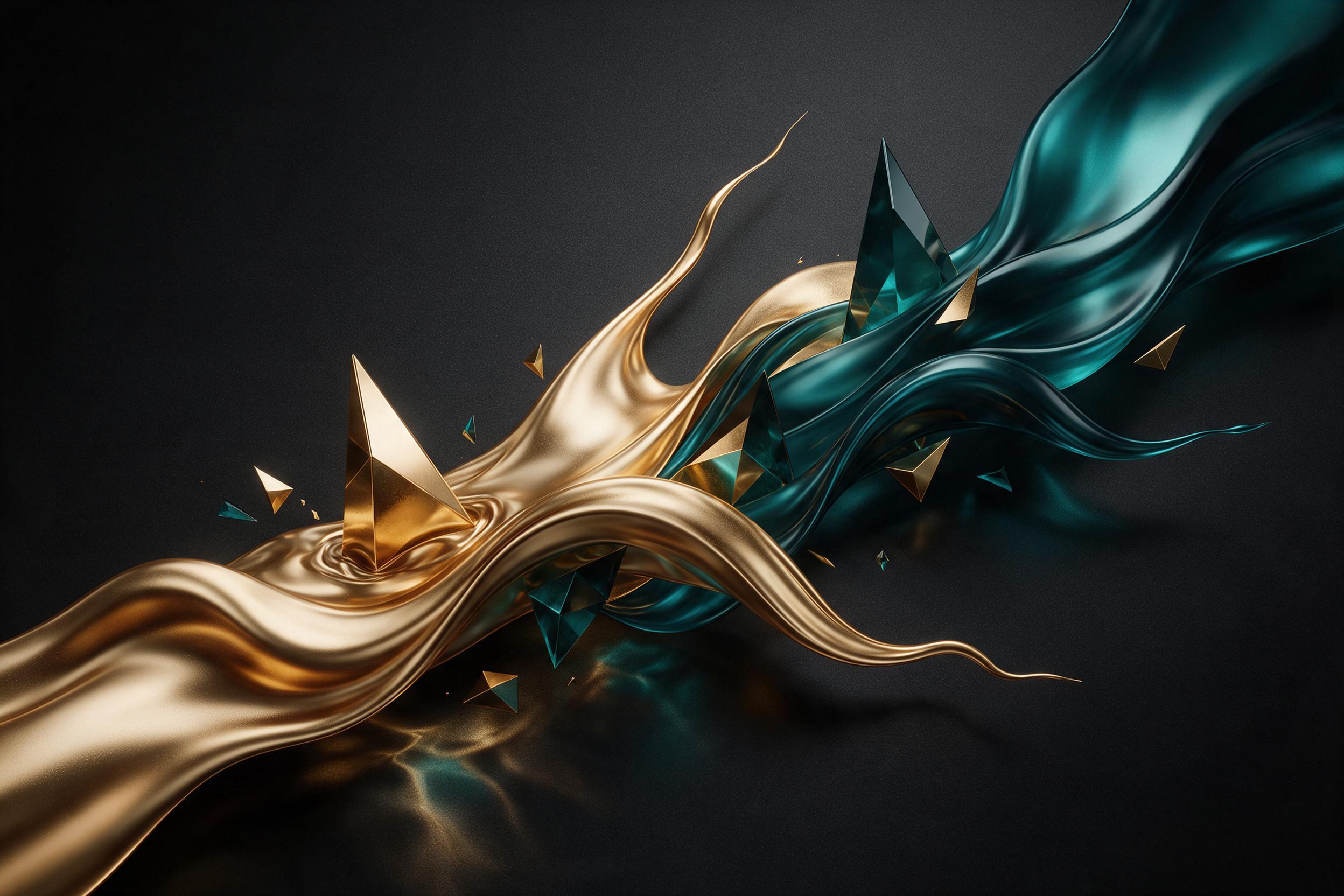 A silk wave of molten gold and deep teal, frozen mid-flow on a black matte canvas. Sharp geometric shards intersect the fluid curves, casting subtle caustic reflections. Low-key dramatic lighting from the upper left, with soft shadows and a fine grain texture for depth.