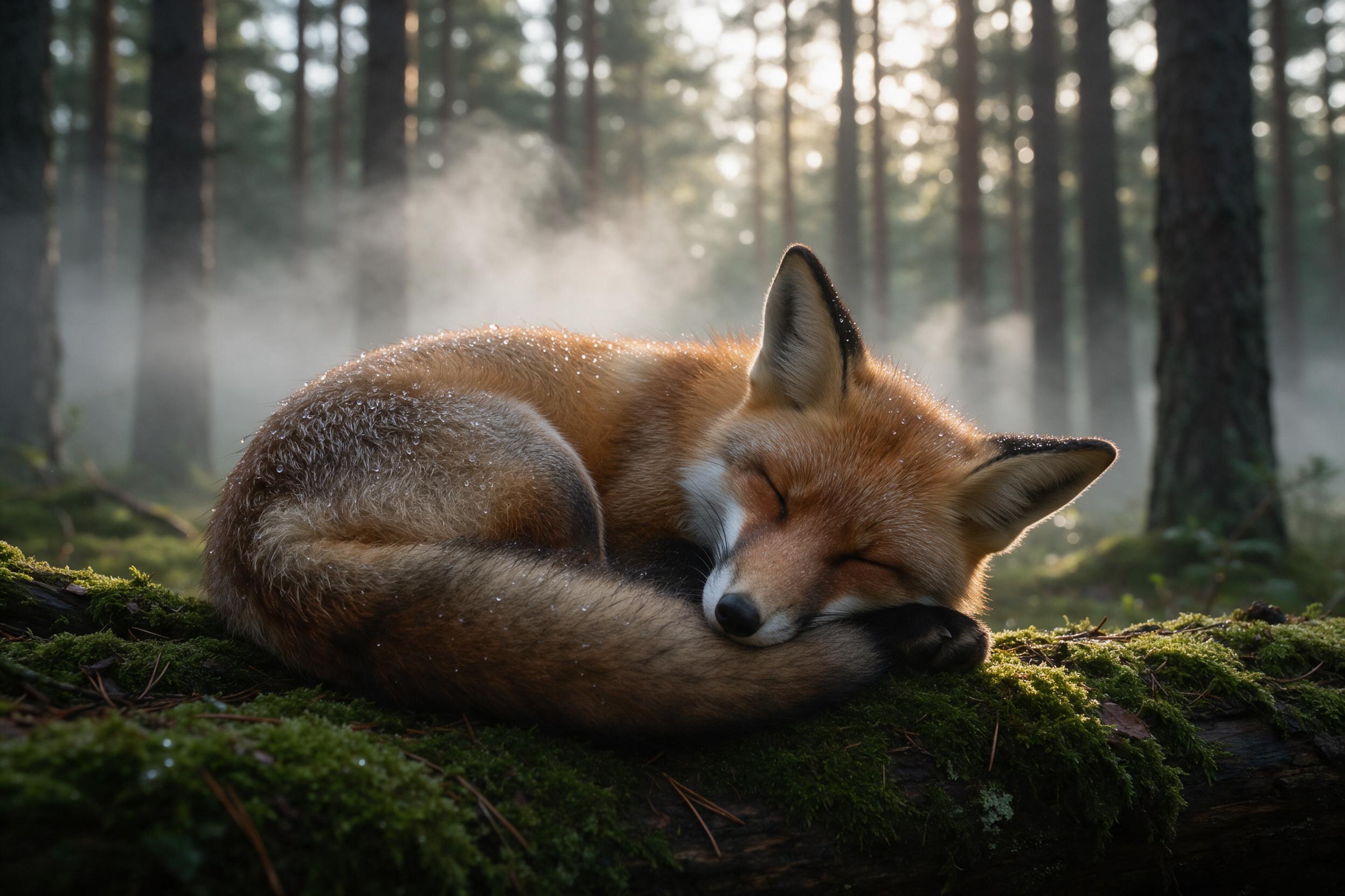 A red fox curled asleep on a moss-covered log in a misty pine forest, early morning fog swirling between trunks, dappled golden sunlight breaking through canopy, dew droplets on fur, shallow depth of field, gentle bokeh, natural color palette with soft muted greens and warm amber highlights, peacefu