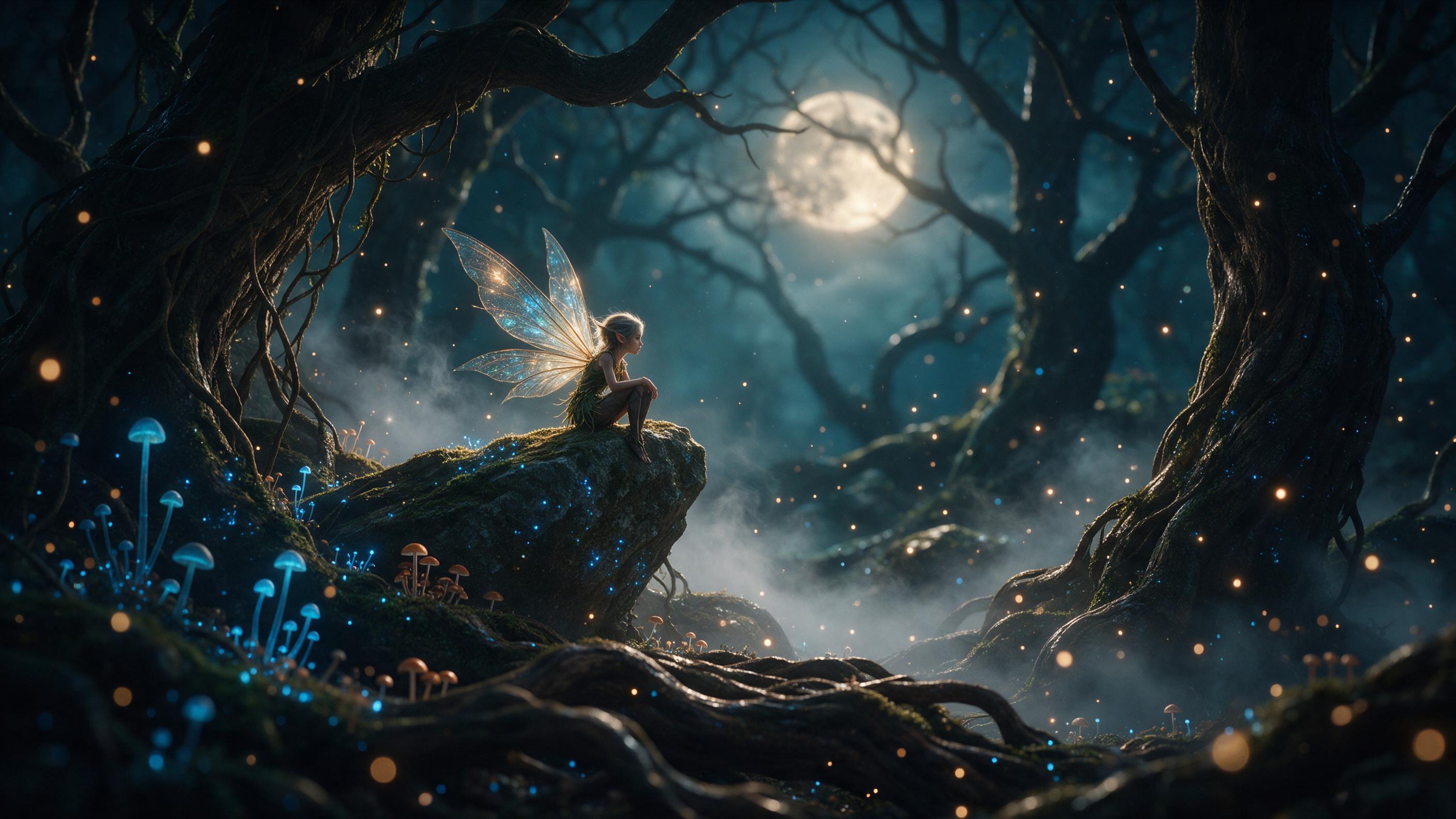 A moonlit enchanted forest with bioluminescent blue fungi and floating luminous spores, a small fairy with translucent wings perched on a mossy stone, soft mist weaving between ancient twisted trees, deep teal shadows with warm golden highlights, cinematic composition, shallow depth of field, ethere