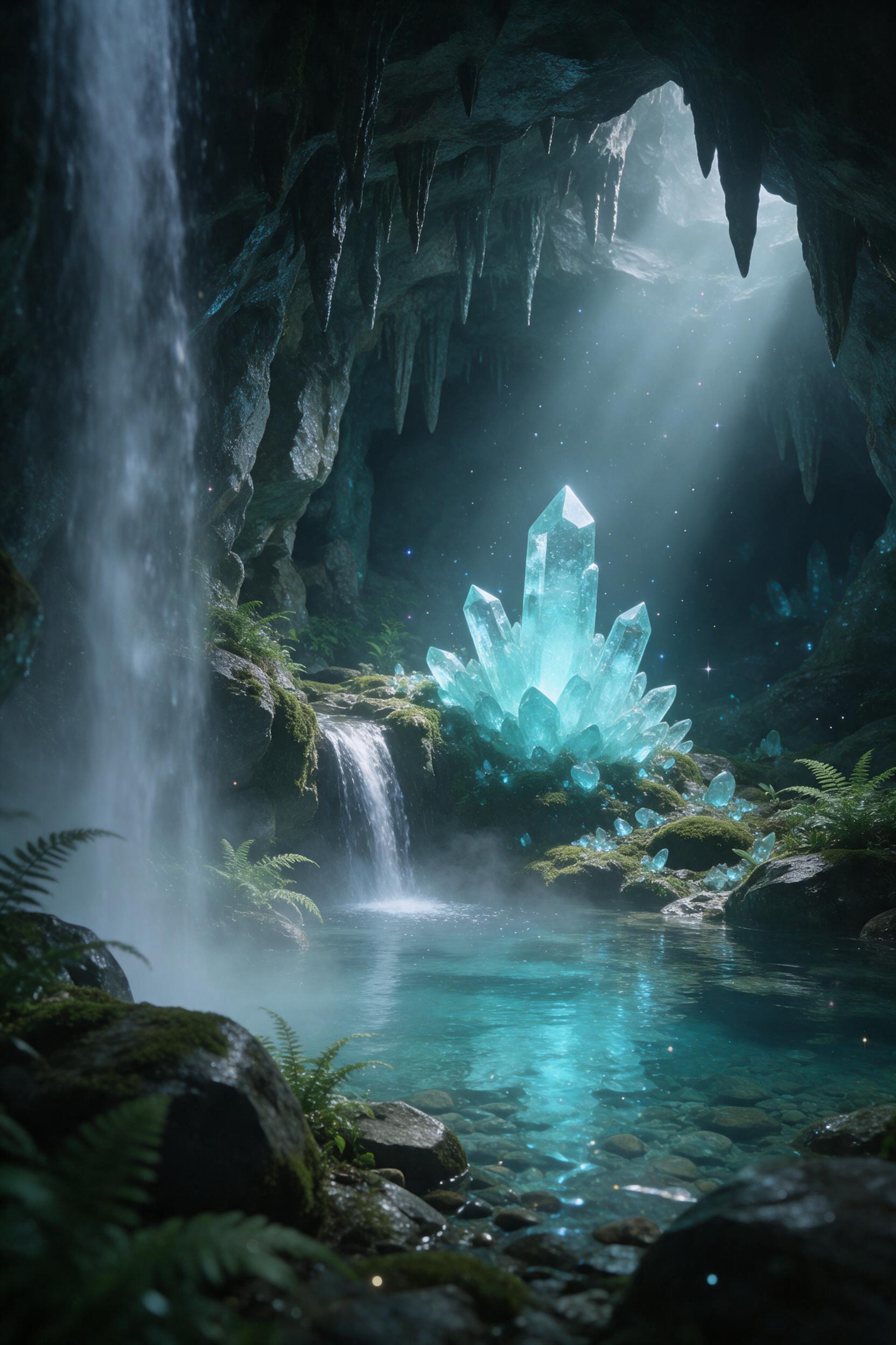 A hidden crystal cavern beneath a misty waterfall, glowing cyan crystals illuminating the damp rock walls, a small waterfall cascading into a clear pool, soft volumetric light rays penetrating from above, delicate ferns and moss, subtle magical sparkles in the air, shallow depth of field focusing on
