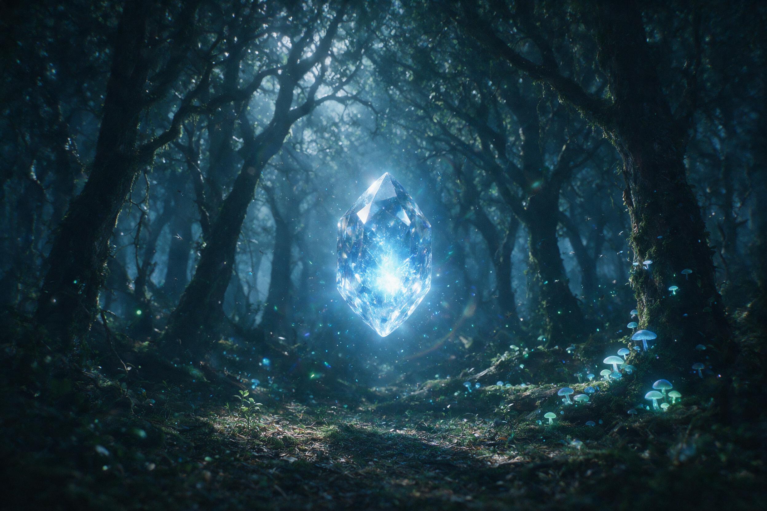An ancient, glowing crystal floating in a dark, misty forest. Soft bioluminescent mushrooms at the base of a mossy tree. Moonlight filters through the canopy, casting long shadows. Ethereal blue light emanates from the crystal, illuminating drifting particles. Slight lens flare, subtle grain, shallo