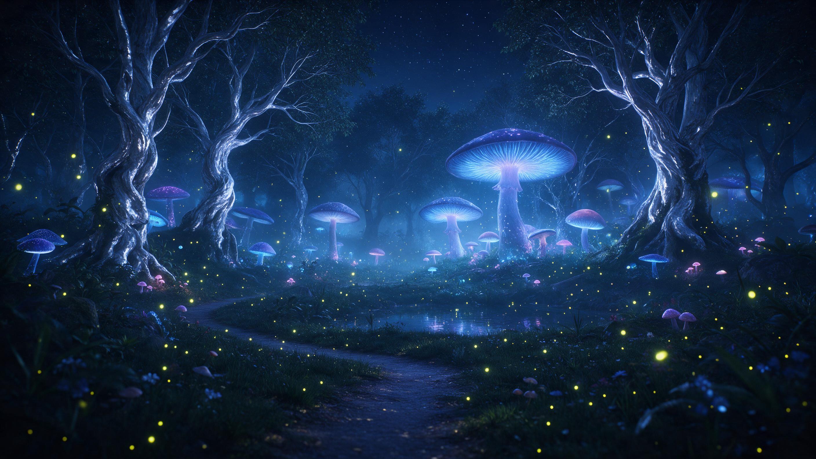 A bioluminescent forest at midnight, giant glowing mushrooms with blue and purple light, fireflies drifting through mist, ancient twisted trees with silvery bark, a small pond reflecting the starlit sky, soft fog, ethereal atmosphere, cinematic composition with a winding path in the foreground