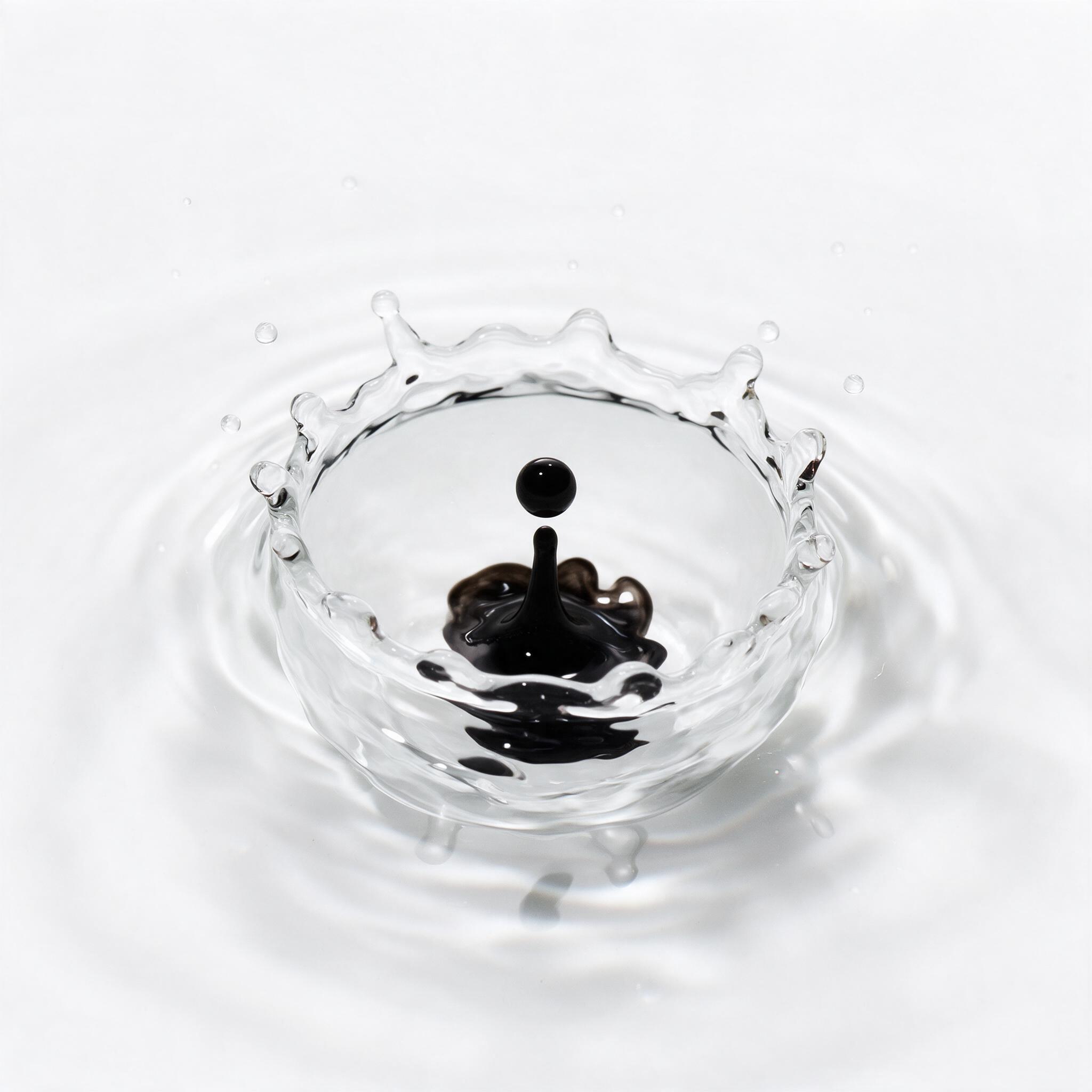 A single drop of black ink falling into clear water, creating a delicate crown of ripples, against a pure white background. Soft top-down light, high-speed frozen motion, subtle reflections on the water surface, minimalist composition, crisp edges, no text.