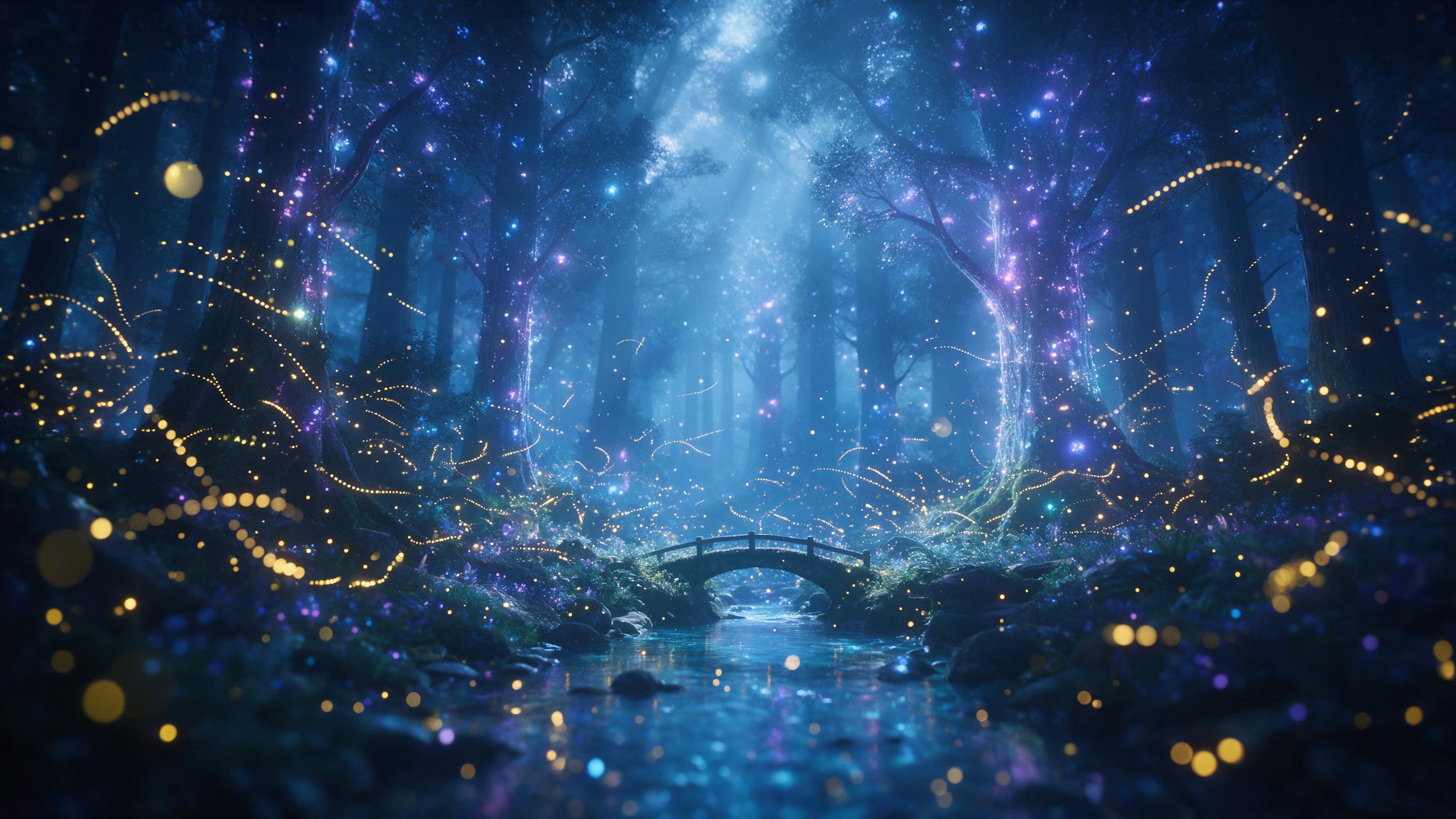 An ancient glowing forest with towering luminescent trees, fireflies swirling in golden trails, a small stone bridge over a crystal-clear stream, moonbeams piercing through misty canopy, eerie blue and purple hues, soft bokeh, gentle reflections, dreamy atmosphere