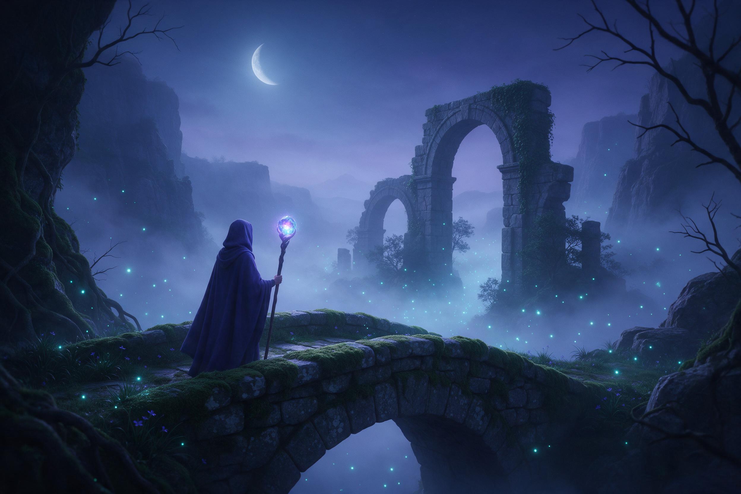 A crescent moon hangs over a misty valley where bioluminescent fireflies drift between ancient stone arches. A cloaked figure with a glowing staff stands on a moss-covered bridge, watching the light. Soft cyan and violet tones, ethereal glow, depth of field blurring distant cliffs, gentle fog rollin