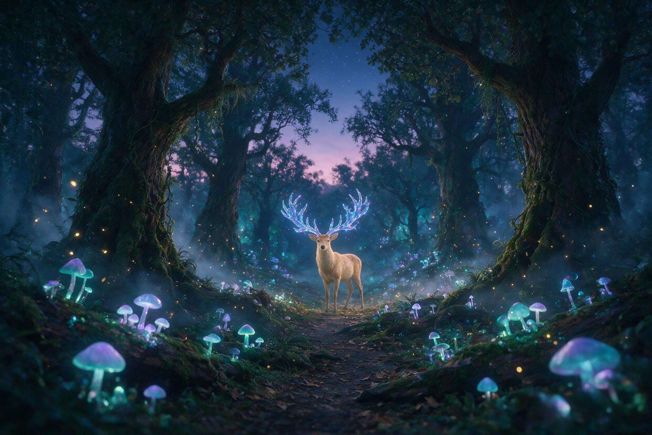 A luminous forest at twilight, glowing mushrooms and floating fireflies, a solitary deer with antlers made of crystal, soft mist weaving between ancient trees, ethereal blue and purple light, shallow depth of field, cinematic composition