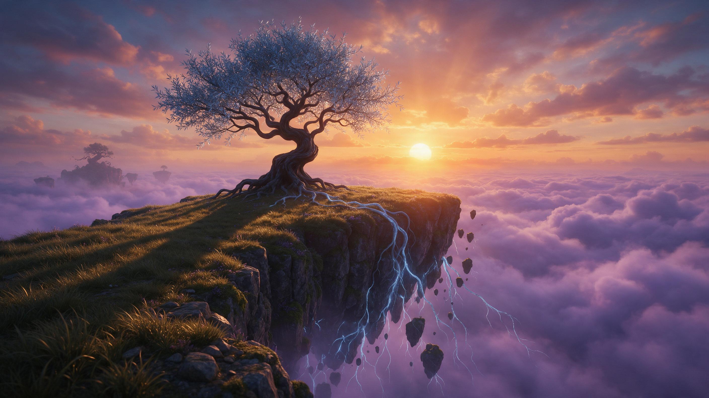An ancient floating island rising above a sea of glowing lavender clouds at dusk, a single gnarled tree with silver leaves on its peak, roots of pale blue light trailing down into the mist. The scene is lit by the last amber light of a setting sun from behind, casting long shadows across the grass. 