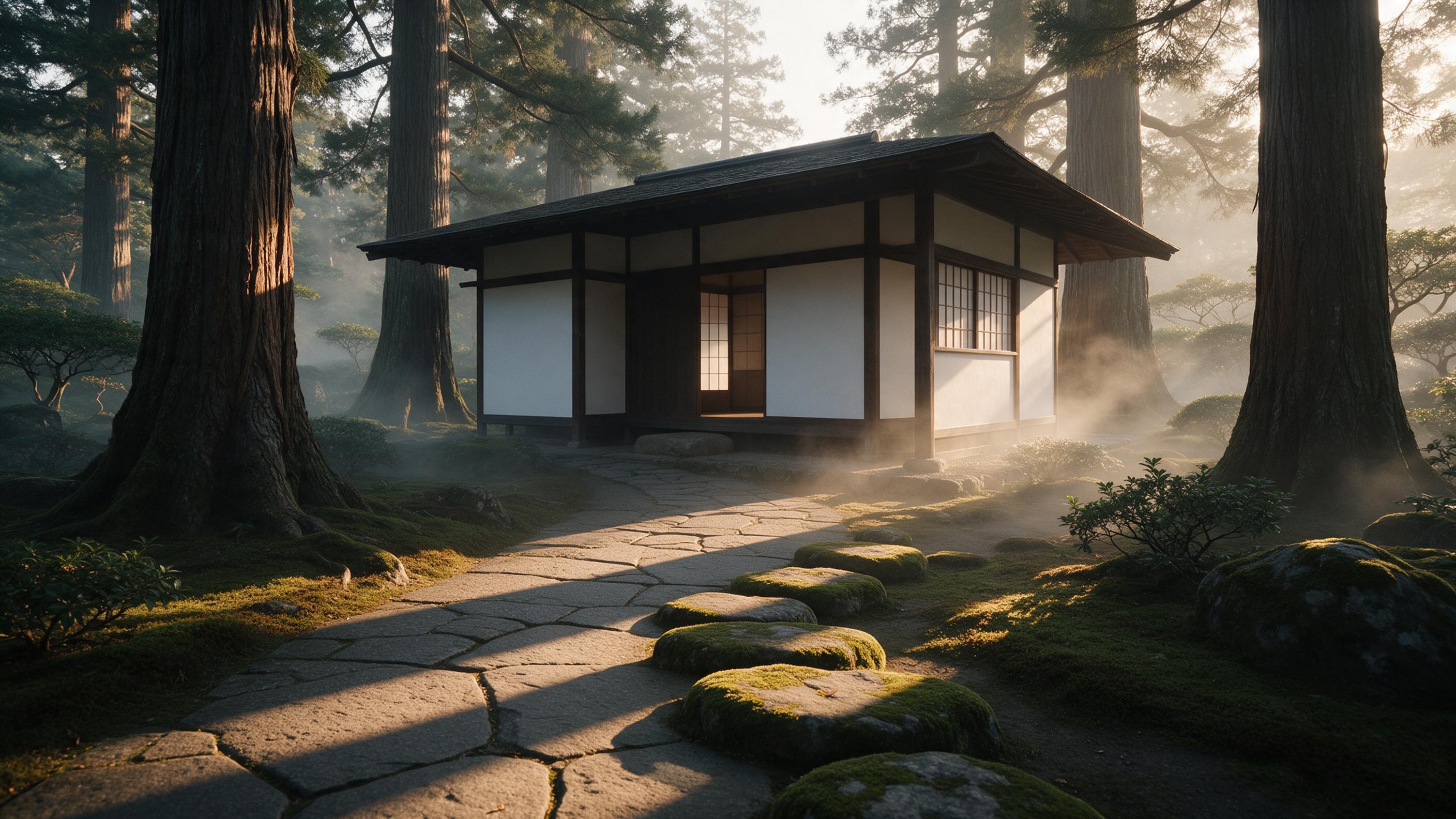 A serene minimalist Japanese tea house nestled among ancient cedar trees, its dark timber beams contrasting with white washi paper walls. Soft morning mist drifts through the garden, a single stone path leading to the entrance. A low golden sunrise casts long shadows across moss-covered stepping sto