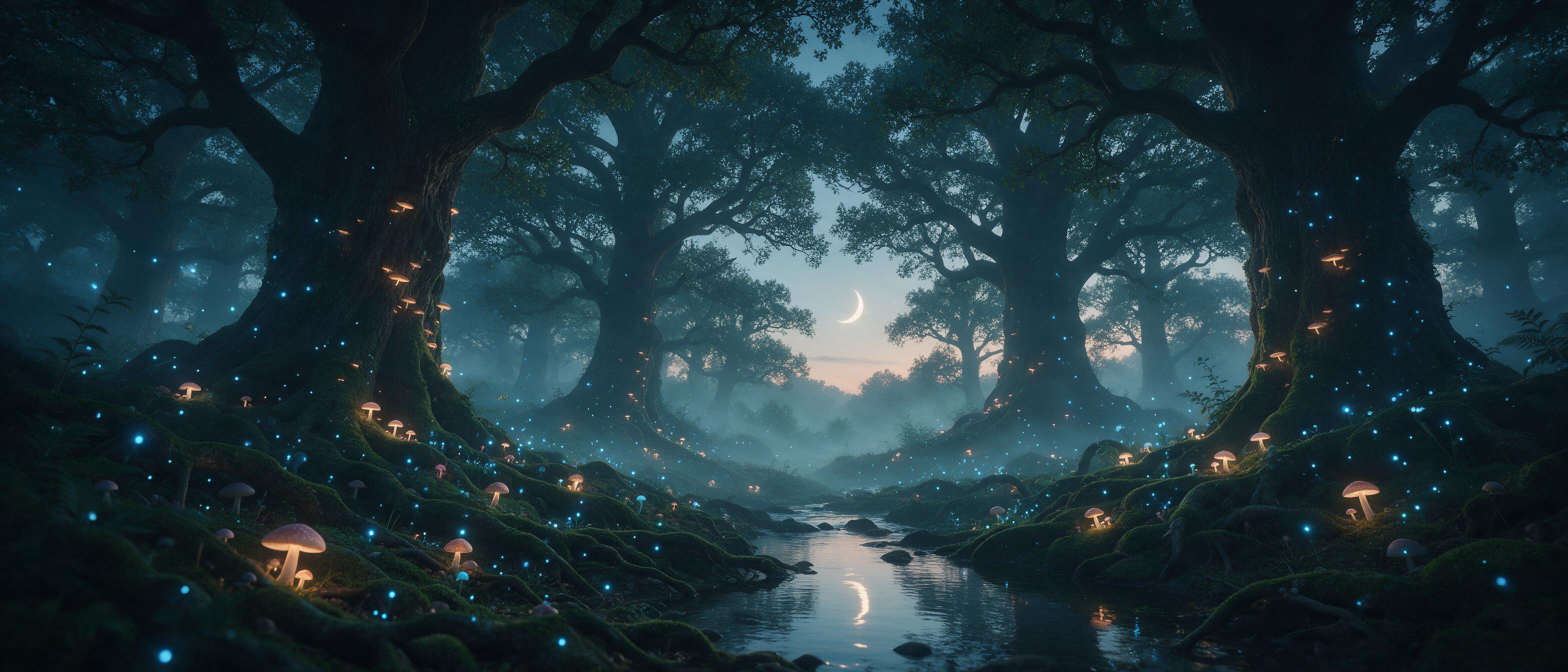 An enchanted glowing forest at twilight, bioluminescent mushrooms and ethereal blue fireflies floating among moss-covered roots, soft mist weaving through ancient towering oaks, a gentle stream reflecting a crescent moon, cool teal hues with warm amber accents, cinematic wide shot, dreamy atmosphere