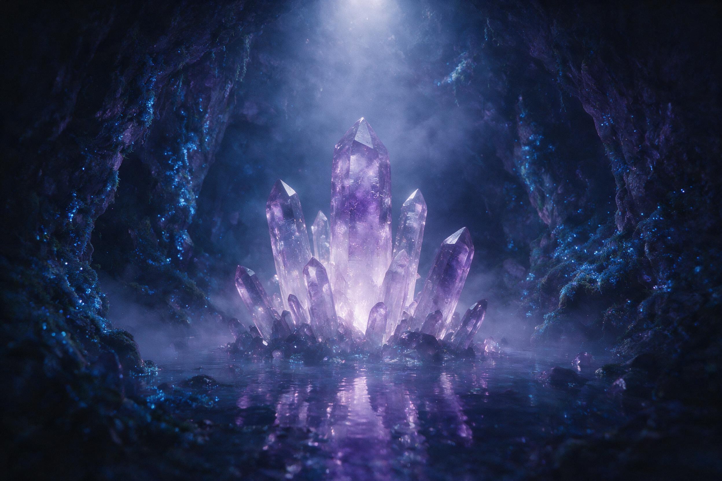A glowing crystal cave deep underground, translucent amethyst pillars rise from a reflective pool, bioluminescent blue moss clings to the walls, soft mist drifts, single light source from above, ethereal atmosphere, muted indigo and violet hues, slight film grain