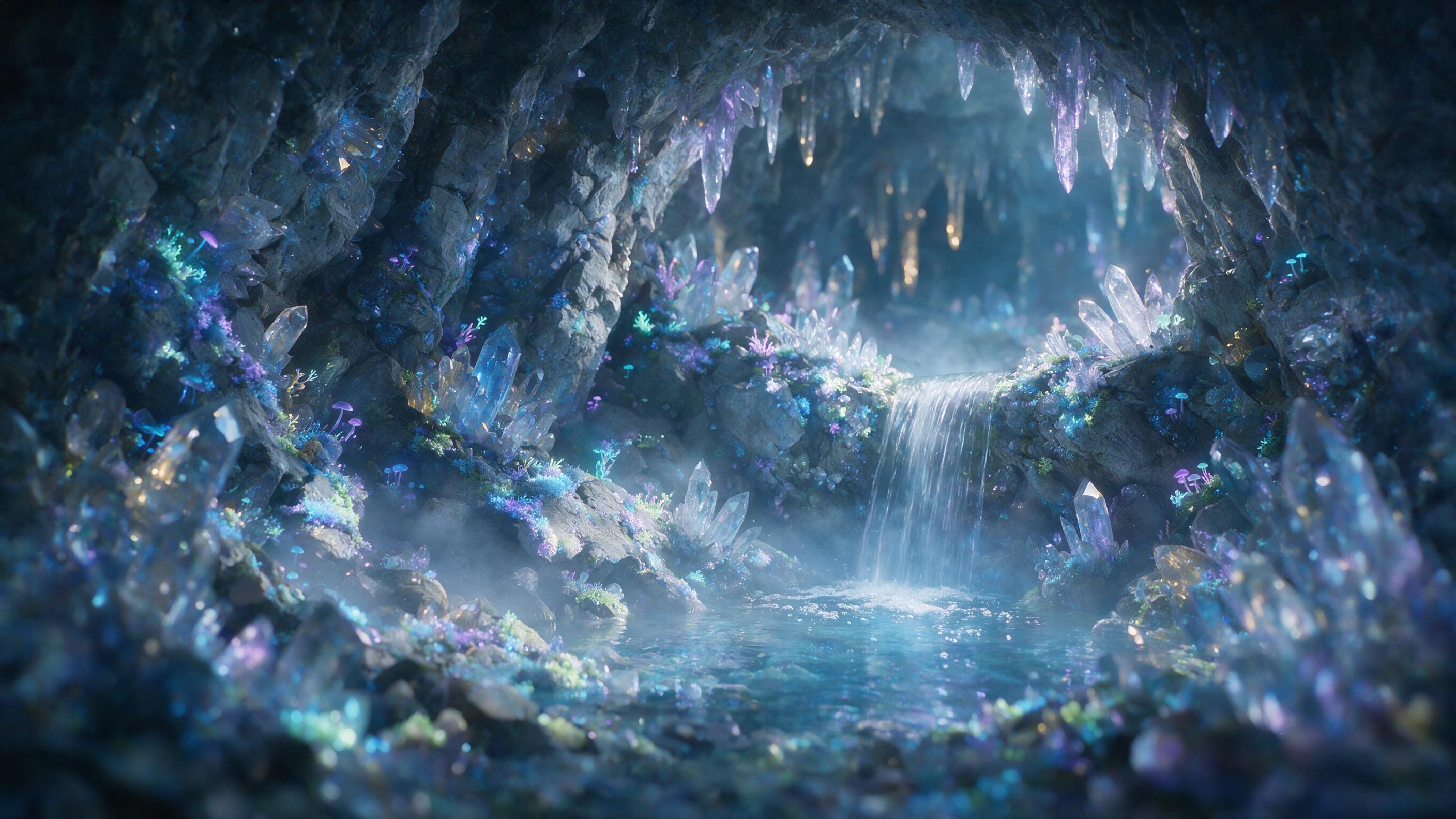 A glowing crystal cave deep underground, bioluminescent moss and fungi on jagged rocks, soft blue and purple light rays filtering through mist, a small waterfall cascading into a pool, ethereal atmosphere, cinematic composition, shallow depth of field, natural lighting.
