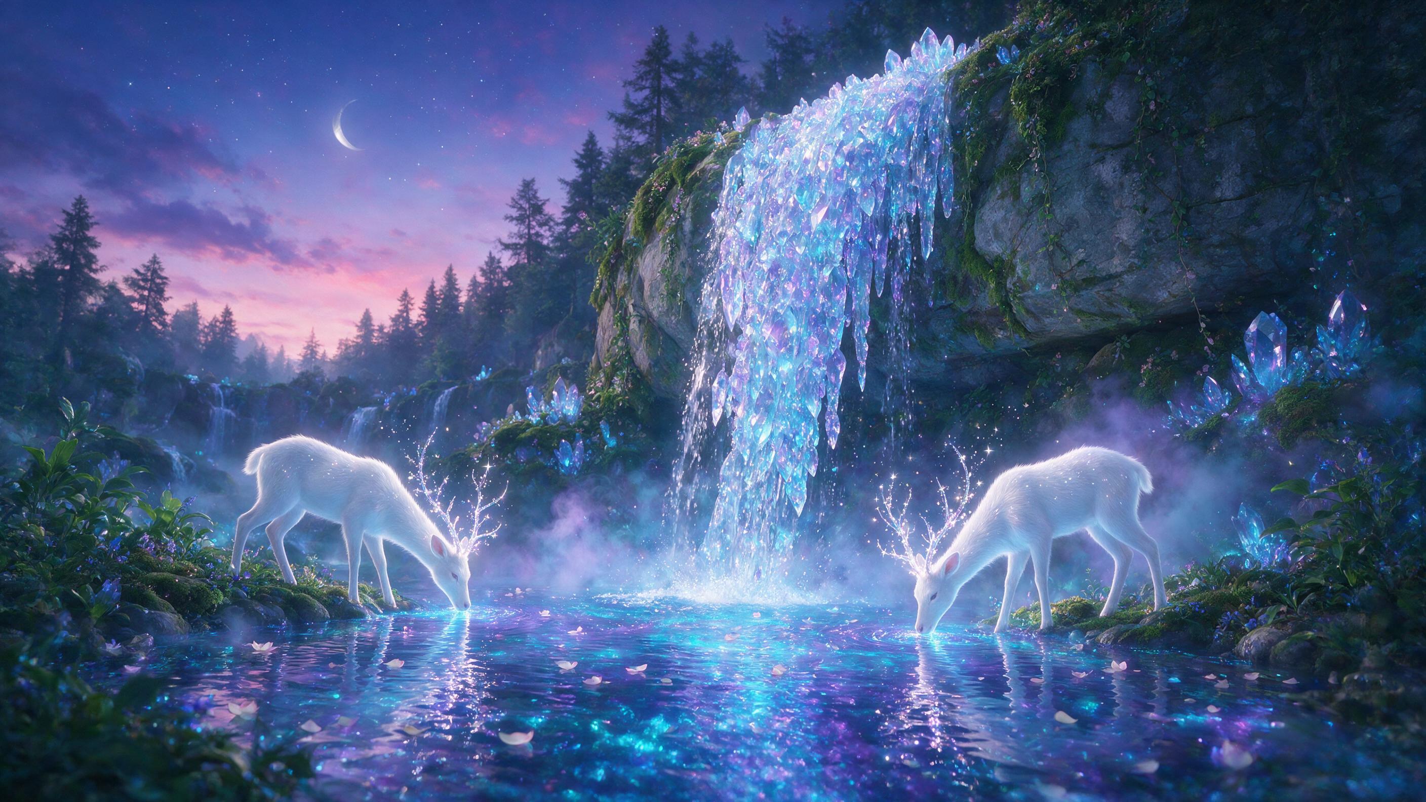 A glowing crystal waterfall cascades into a bioluminescent pool under a twilight sky. Two ethereal deer with antlers of woven starlight drink from the shimmering water, their reflections rippling alongside scattered floating lotus petals. Soft mist rises from the pool, catching the cool blue and vio