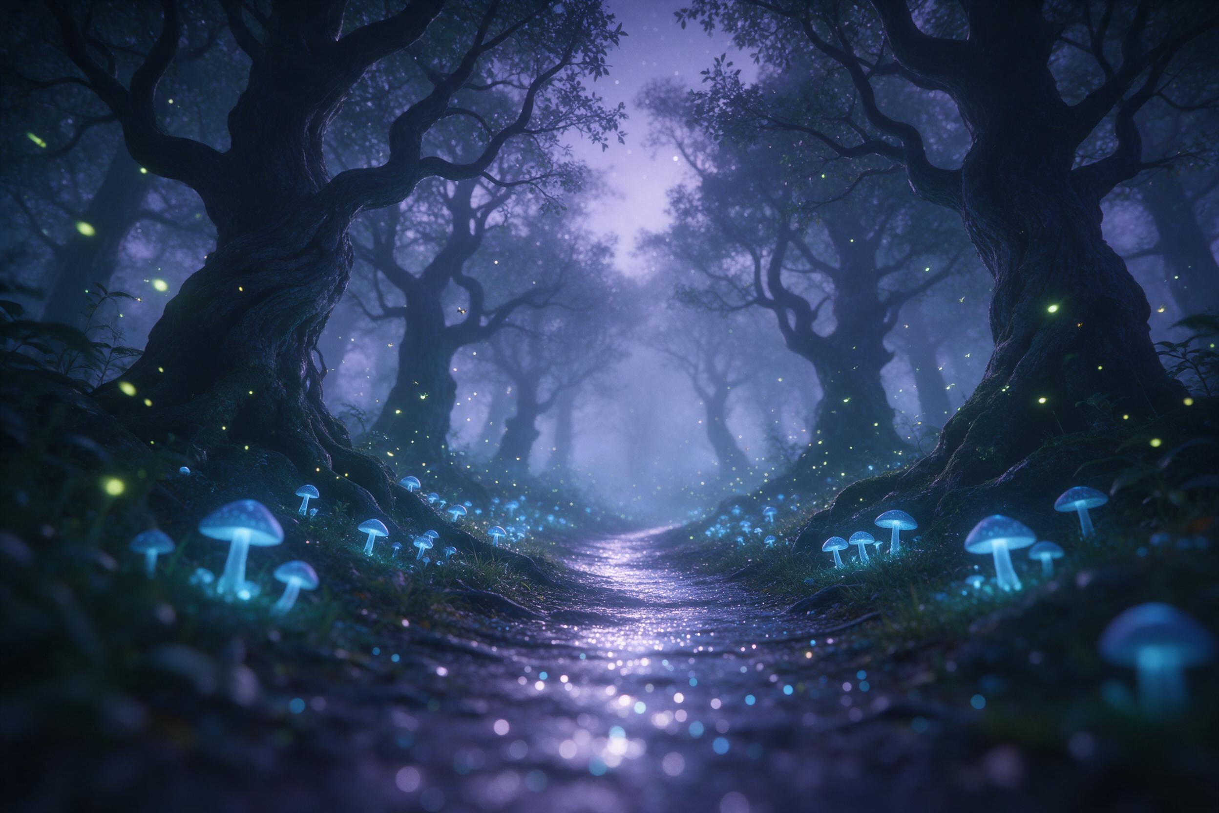A moonlit bioluminescent forest with glowing blue mushrooms, ancient twisted trees, and a winding path reflecting starlight. Fireflies dance in misty air, soft violet and teal tones, ethereal atmosphere. Low camera angle, shallow depth of field with soft focus on foreground, background fading into a