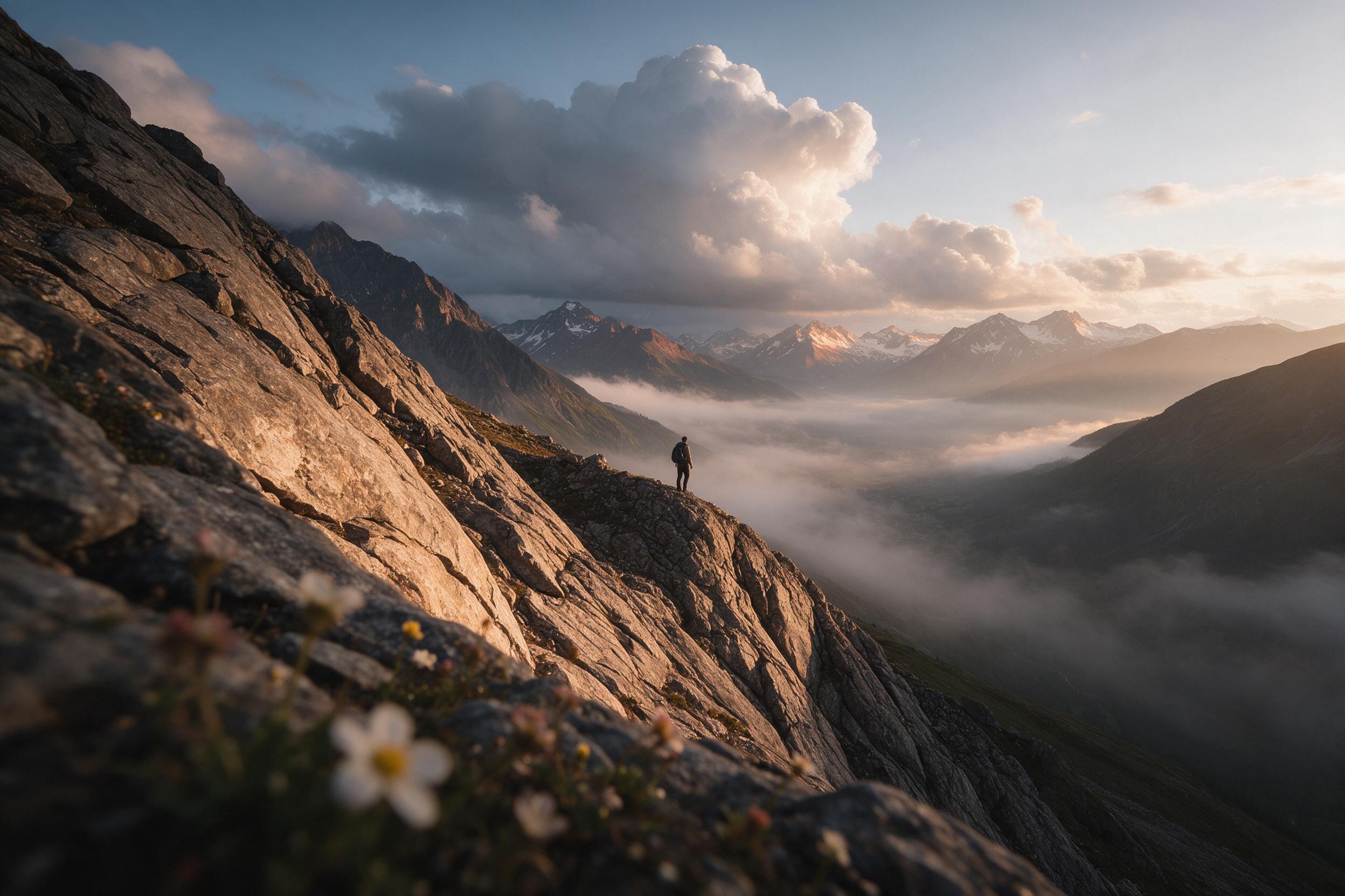 A lone hiker on a narrow ridge line at golden hour, facing a vast valley filled with mist, distant snow-capped peaks catching warm alpenglow, dramatic cumulus clouds forming, soft directional light raking across textured rock, foreground flowers slightly out of focus, natural color grading with warm