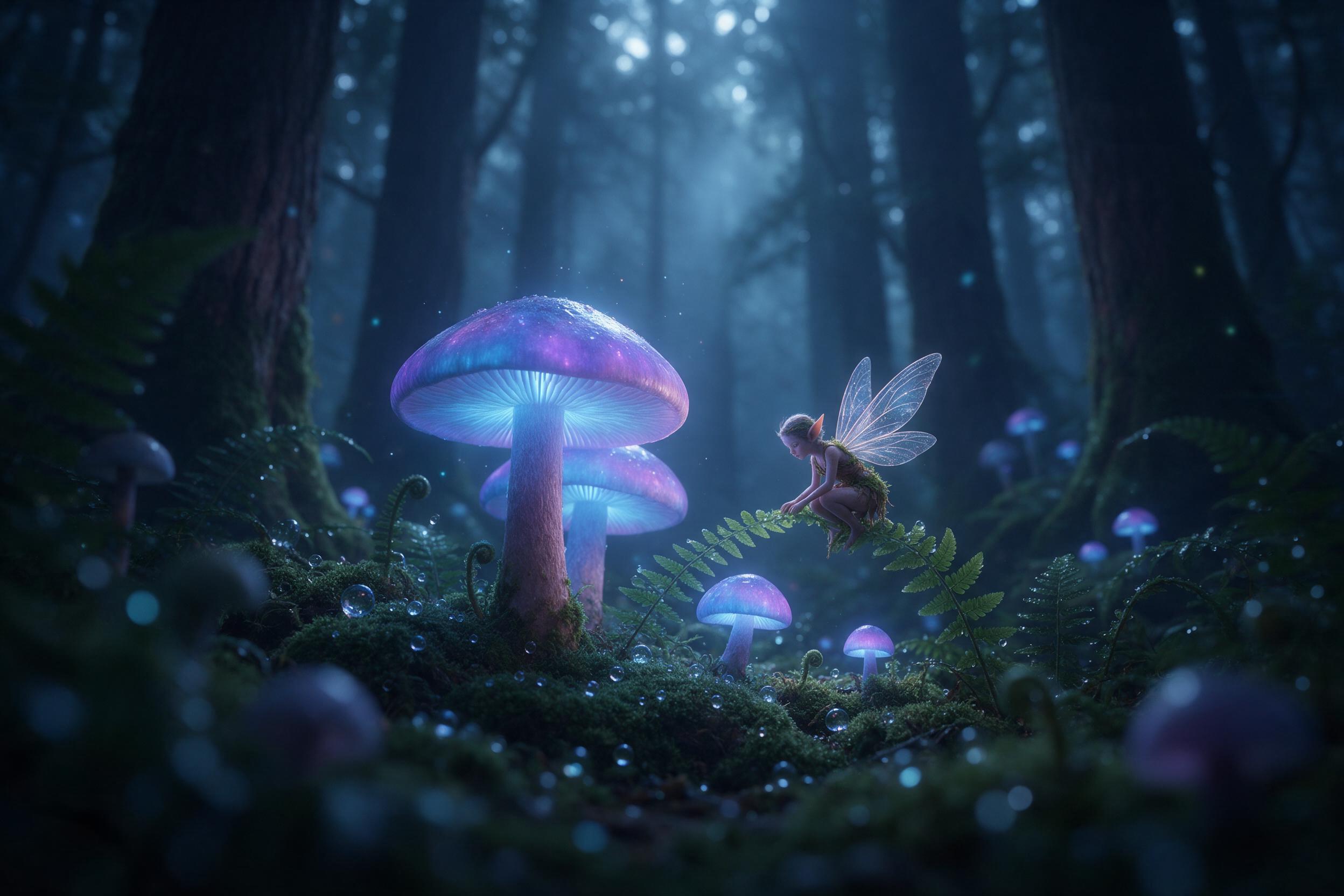 A misty ancient forest at twilight, giant bioluminescent mushrooms glowing blue and purple, a small fairy with translucent wings perched on a fern, soft volumetric light filtering through canopy, dew droplets on moss, ethereal atmosphere, gentle bokeh in foreground.