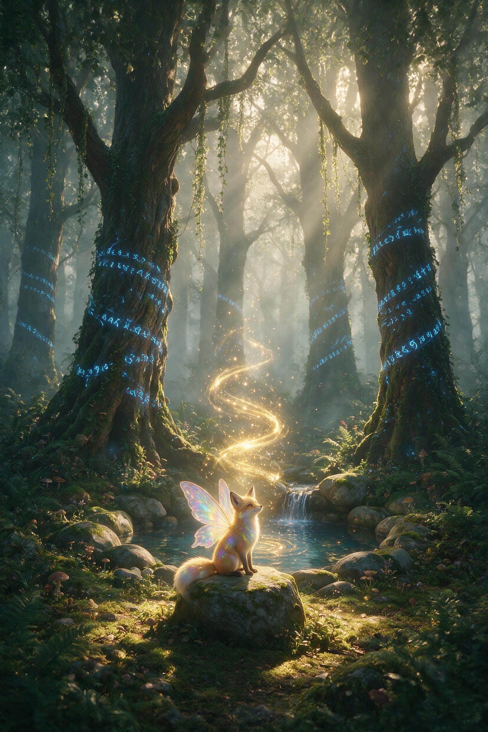 A misty forest at dawn, where ancient trees have glowing blue runes carved into their bark. A small, winged fox with iridescent fur perches on a mossy stone, watching a spiral of golden light rise from a hidden spring. Soft volumetric rays pierce the canopy, casting dappled shadows. Composition cent