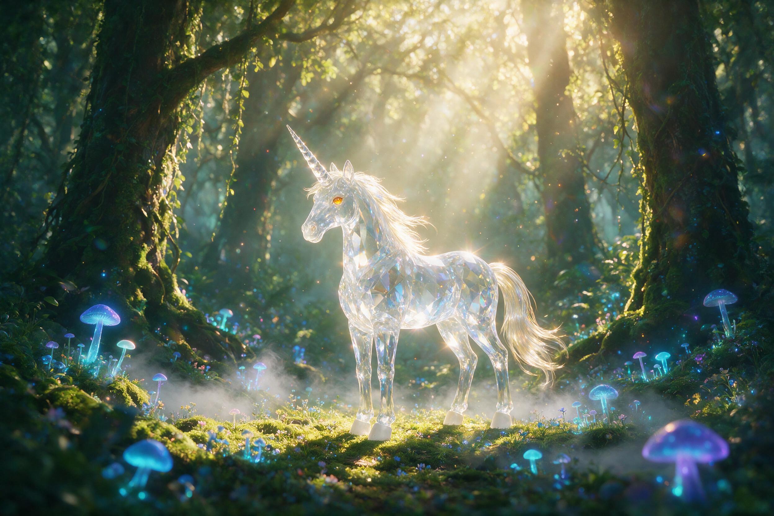 A luminous crystalline unicorn standing in a misty enchanted forest glade, bioluminescent mushrooms and moss at its hooves, soft golden light filtering through ancient trees, floating dust motes, slight camera lens flare, ethereal atmosphere