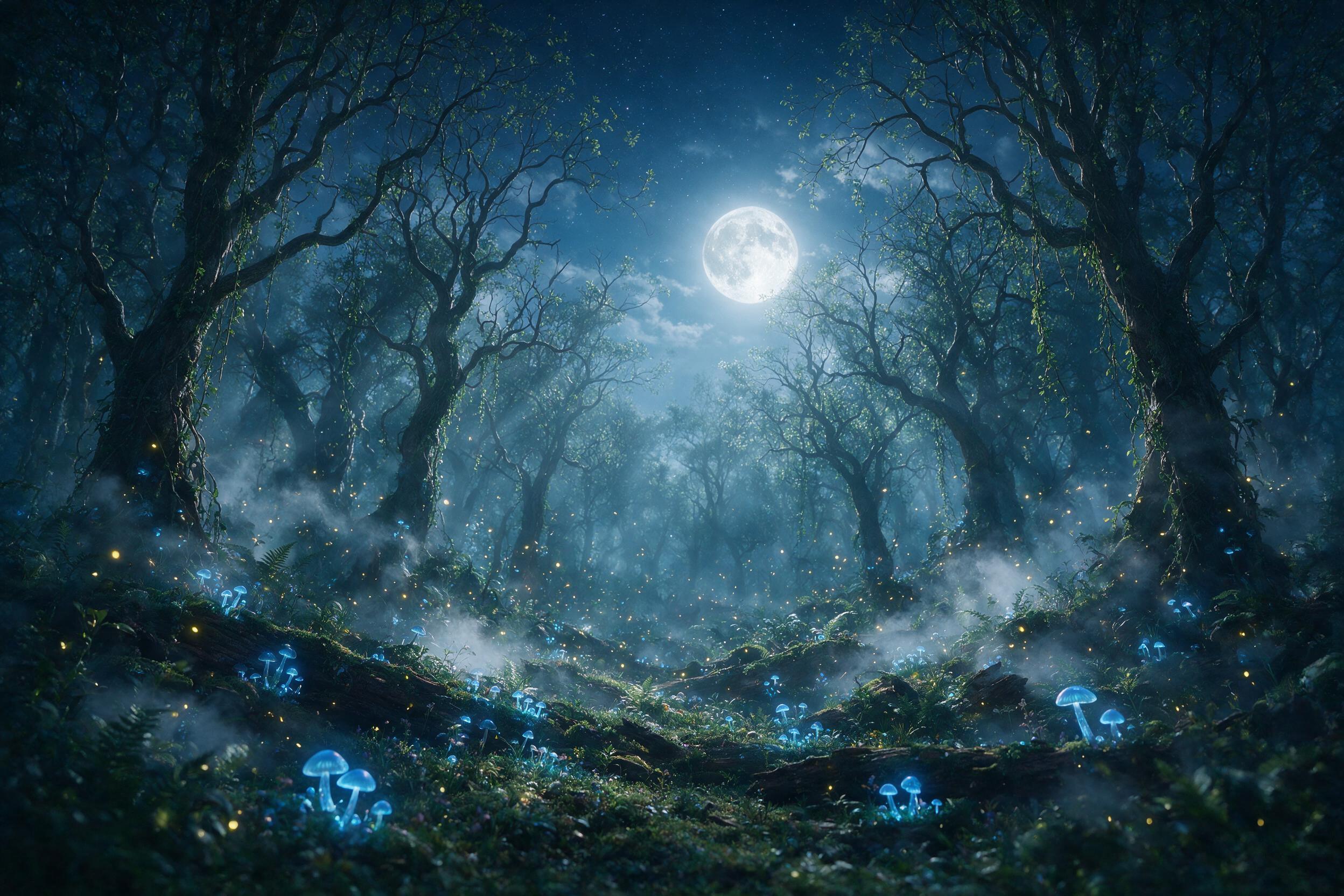 A moonlit enchanted forest with glowing blue mushrooms, mist swirling around ancient twisted trees, fireflies dancing in the air, soft ethereal light filtering through the canopy, shallow depth of field, slight haze.