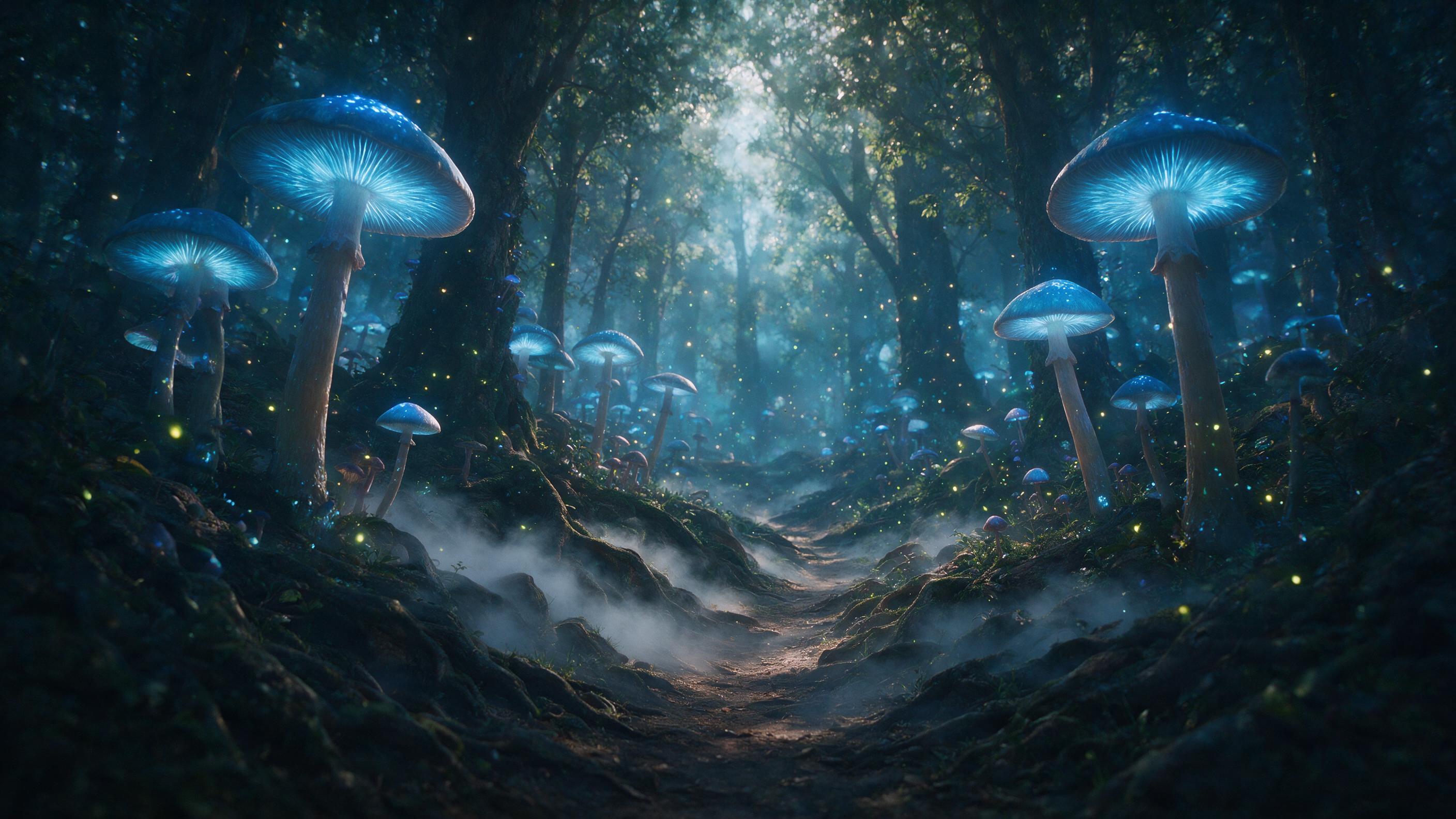 A bioluminescent forest at twilight, towering fungi with glowing blue caps, swirling mist between ancient roots, fireflies floating like stars, a narrow winding path leading deep into the woods, soft ethereal light filters through the canopy, slight haze, cinematic composition, dreamlike atmosphere