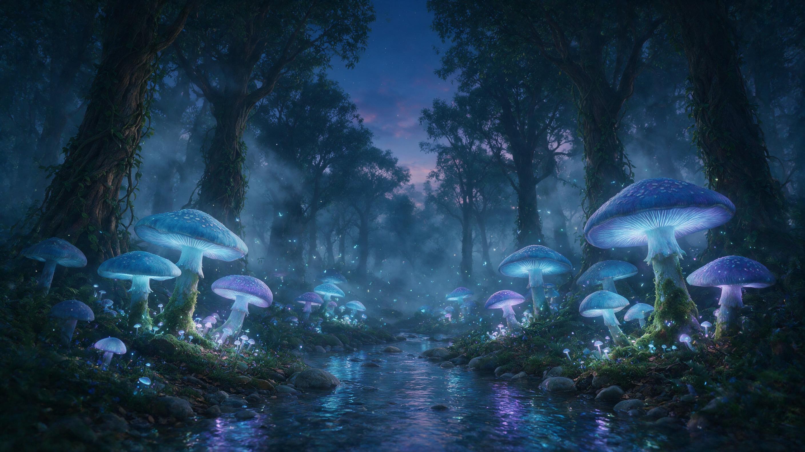 A bioluminescent forest at twilight, giant glowing mushrooms and tangled vines, ethereal mist curling between ancient trees, a small stream reflecting soft blue and violet light, fireflies drifting like living stars, natural muted colors, soft depth of field, gentle diffusion, no harsh contrast, ser