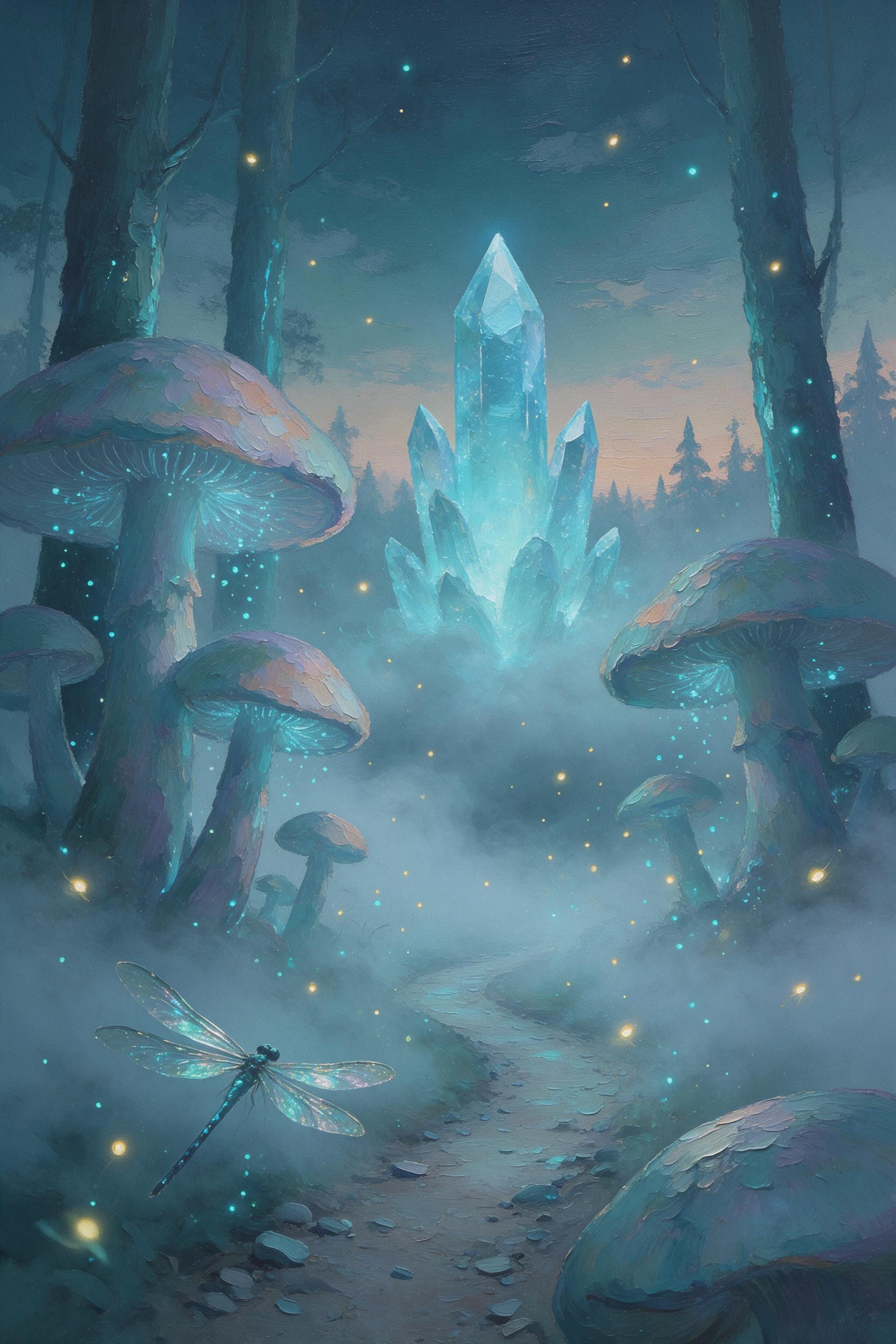 A bioluminescent forest at twilight, winding path leading to a glowing crystal spire, giant mushrooms with cyan spores, fog catching silver-blue light, fireflies drifting like embers, silhouetted dragonfly wings shimmer, low camera angle, soft radial glow, impasto oil painting texture, muted teal an