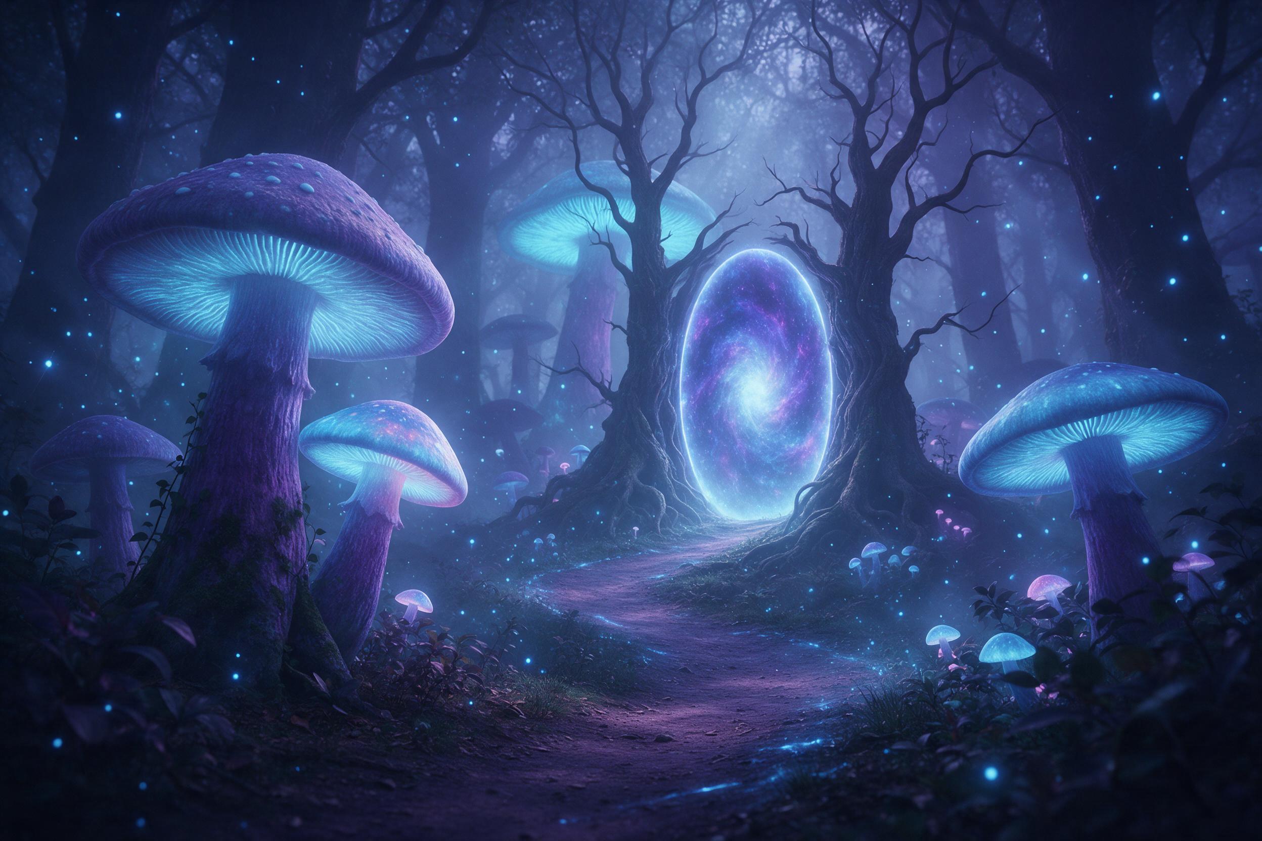 An ancient, misty forest with colossal bioluminescent mushrooms casting soft blue and violet light, a winding path leading to a glowing portal between gnarled trees, fireflies drifting, ethereal atmosphere, low-angle view, volumetric light rays, dreamy haze