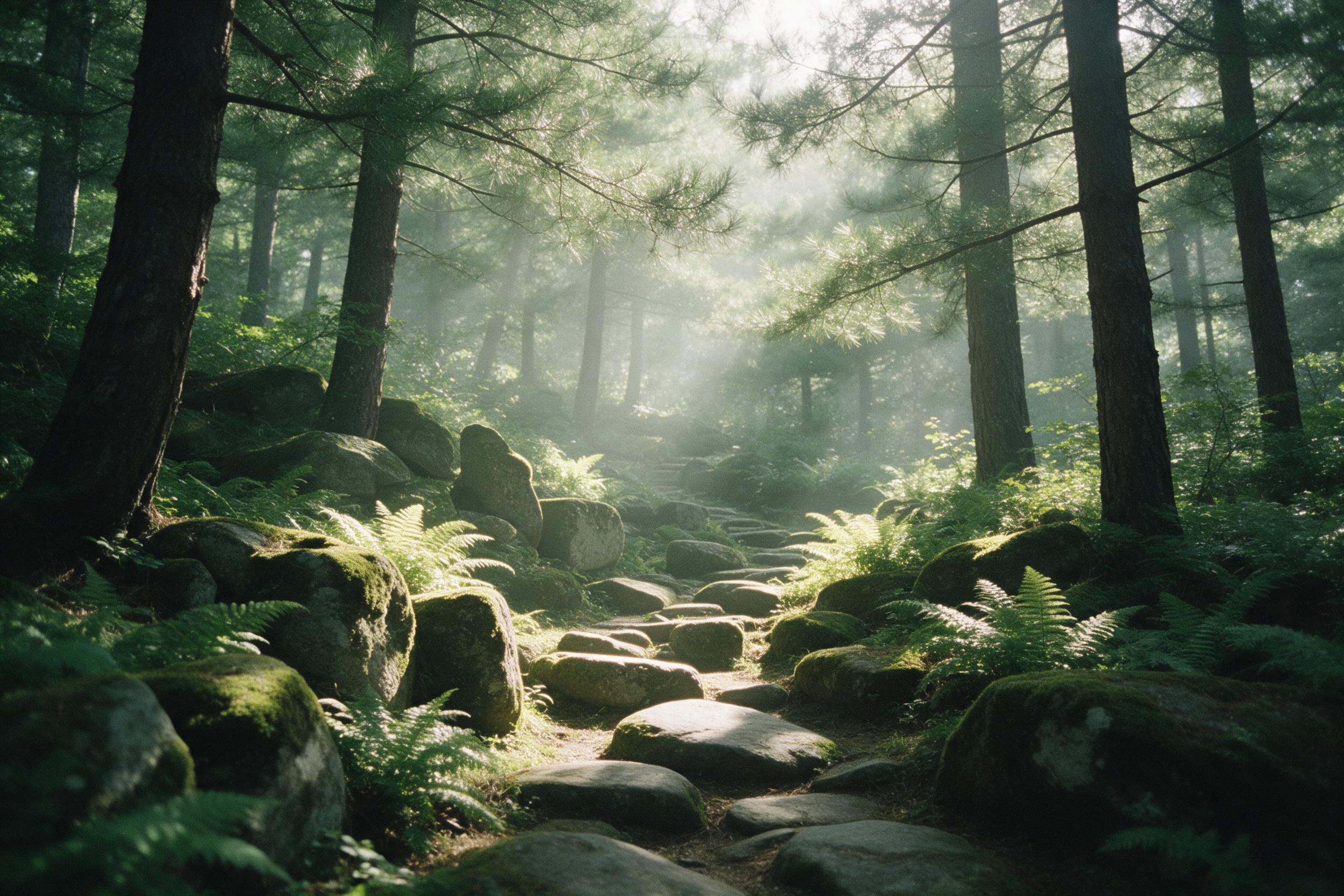 Sunlight filtering through misty pine forest, ancient moss-covered stones along a winding path, dappled light on ferns, distant waterfall sound, soft haze, vibrant greens, 35mm film grain, natural lighting
