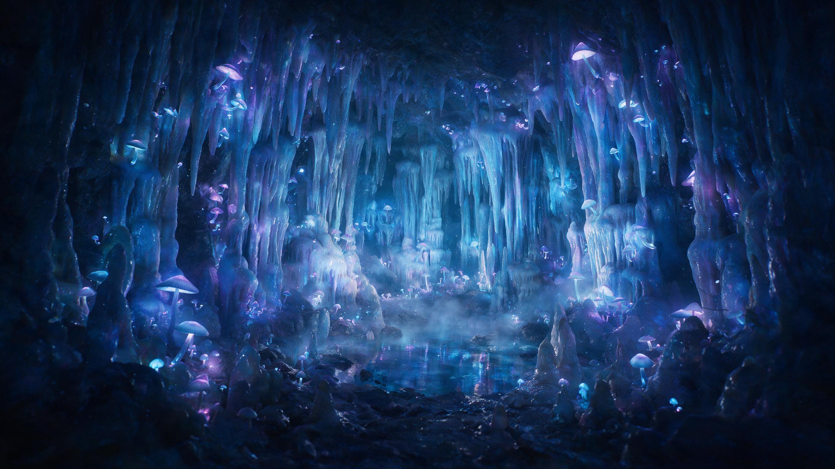 A luminous crystal cave deep underground, bioluminescent mushrooms casting soft blue and violet light on smooth stalactites, a small reflective pool at center, mist rising gently, ethereal atmosphere, natural lighting, wide angle composition