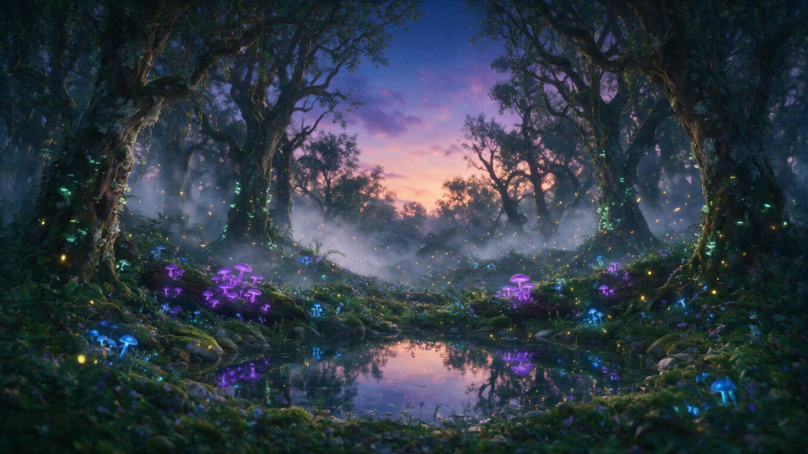 A luminous bioluminescent forest at twilight, glowing mushrooms in purple and blue hues, a small crystal-clear pond reflecting soft light, fireflies dancing in the air, gentle mist weaving through ancient trees, dreamy atmosphere with soft focus and natural bokeh
