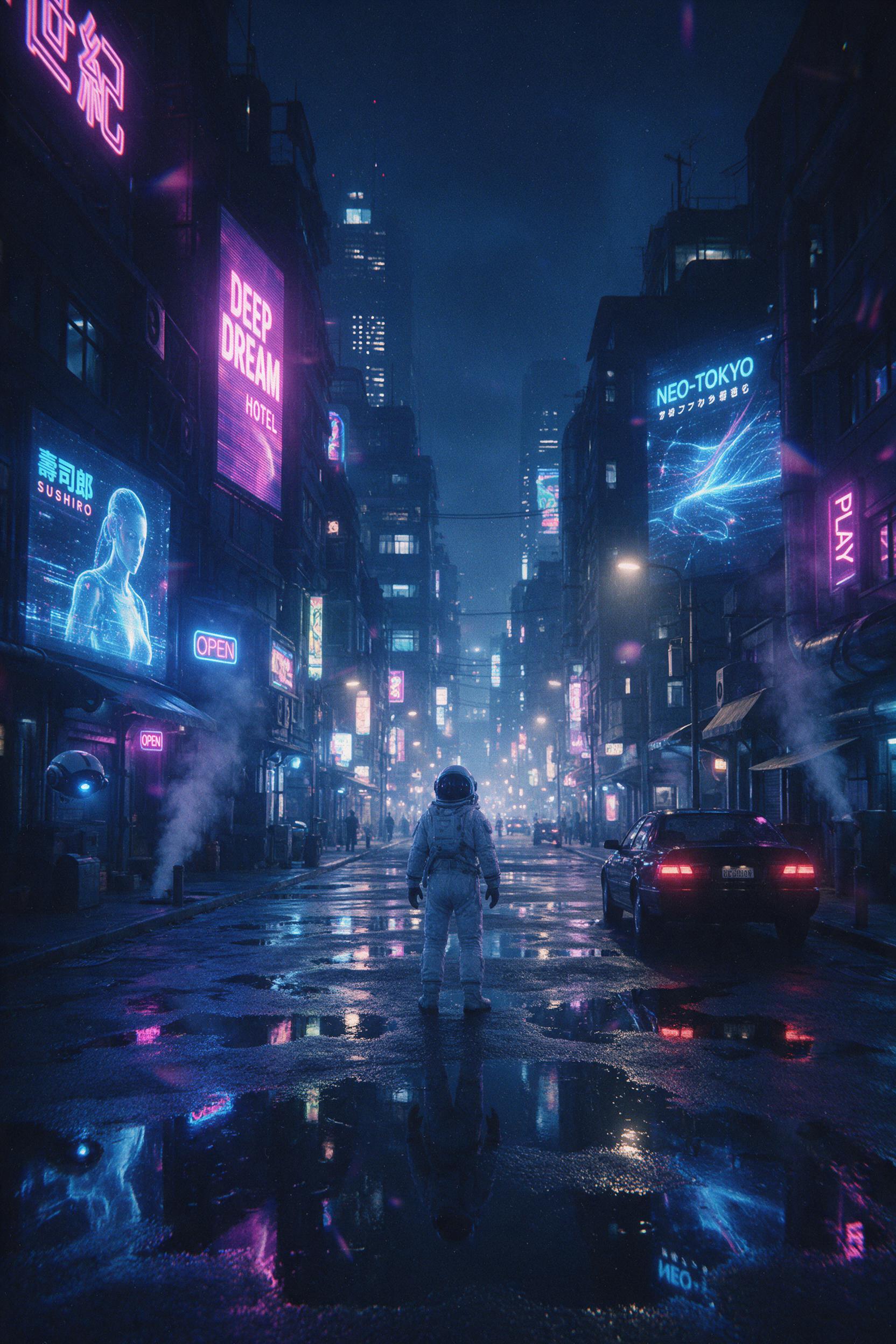 A lone astronaut stands on a rain-slicked neon-lit street in a cyberpunk city at night, holographic advertisements reflecting in puddles, steam rising from vents, cinematic composition with exaggerated one-point perspective, moody blue and magenta tones, slight lens flare, film grain