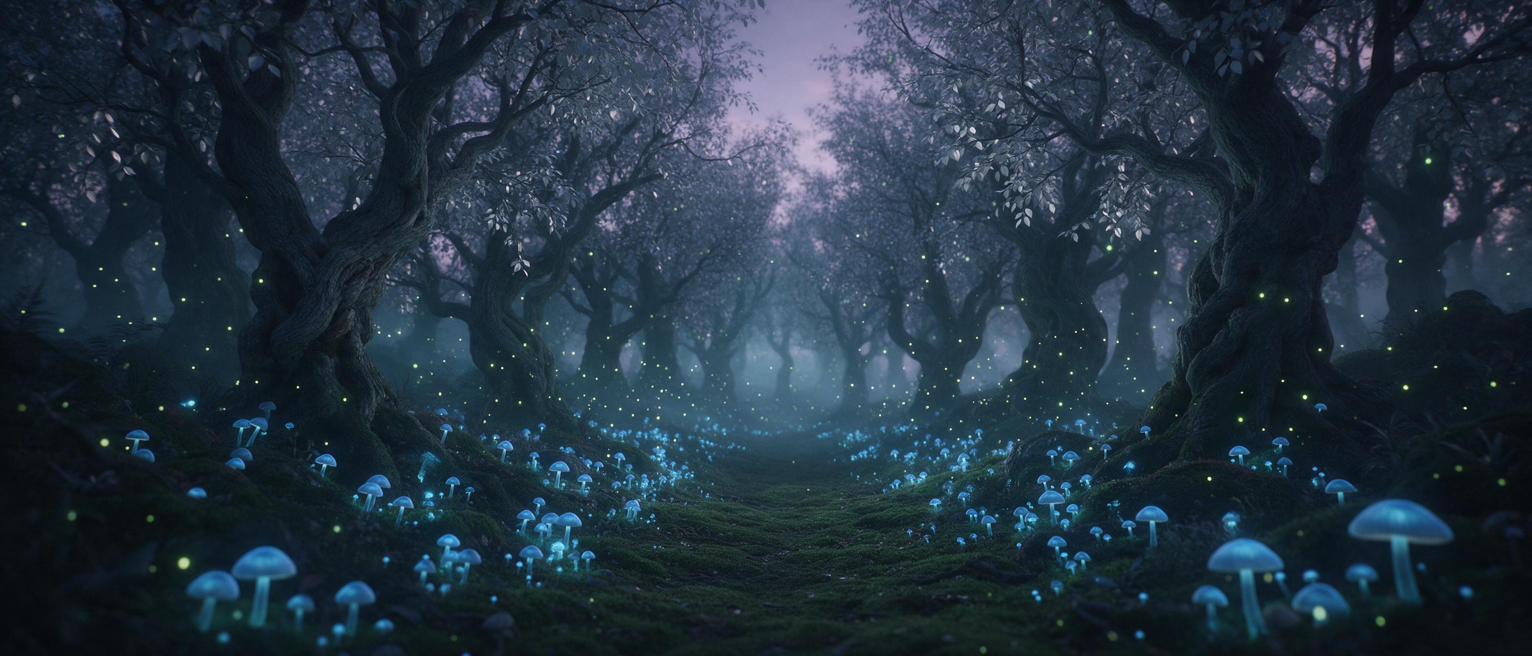 A bioluminescent forest at twilight, glowing blue mushrooms line a mossy path, ancient twisted trees with silver leaves, fireflies drift like stars, soft mist between trunks, muted teal and violet palette, cinematic wide shot with depth, serene ethereal atmosphere