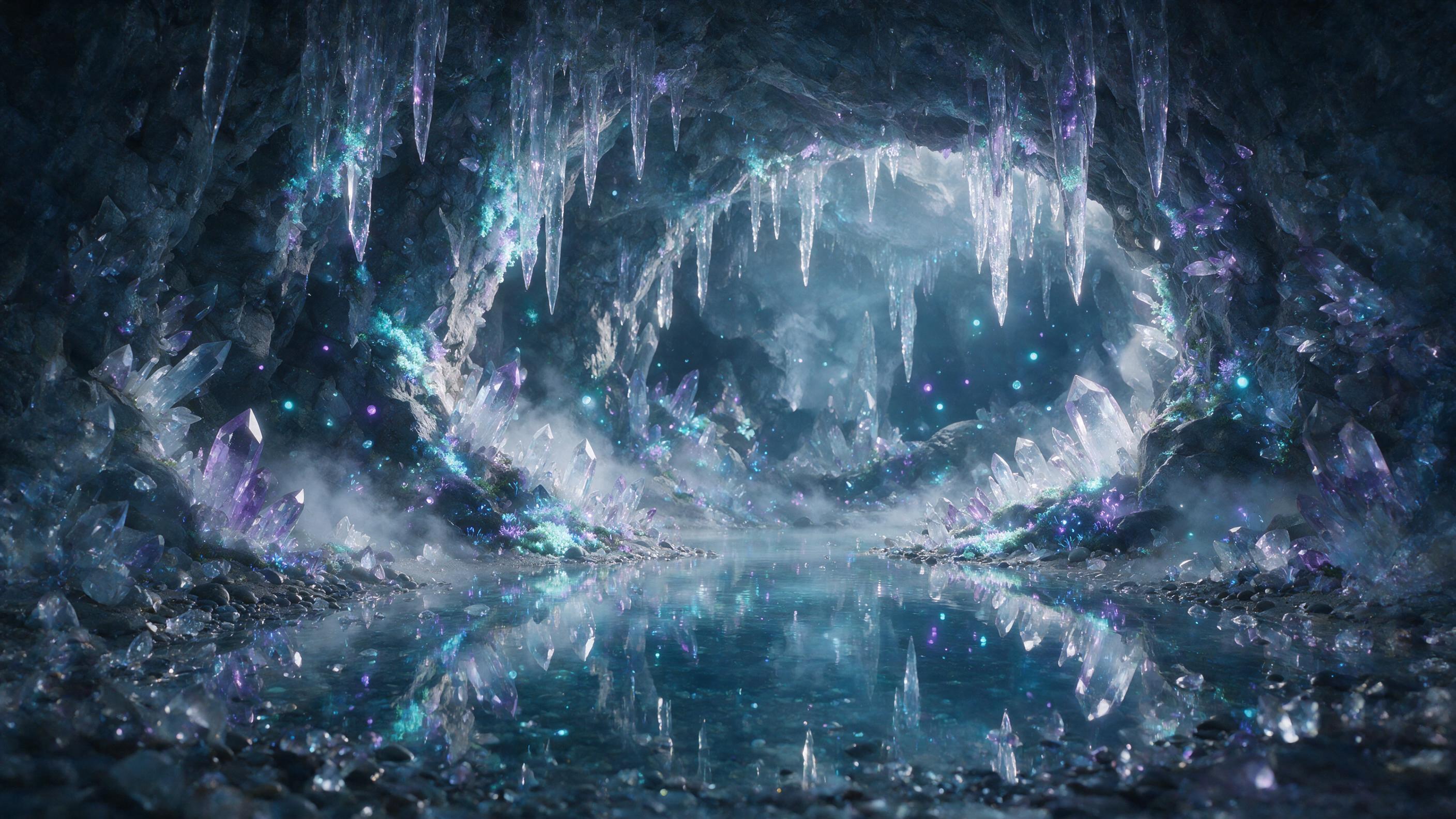 A luminous crystal cave with bioluminescent moss and floating glowing orbs, soft blue and purple light casting ethereal shadows, still water reflecting the cave ceiling, slight mist, natural lighting, surreal atmosphere