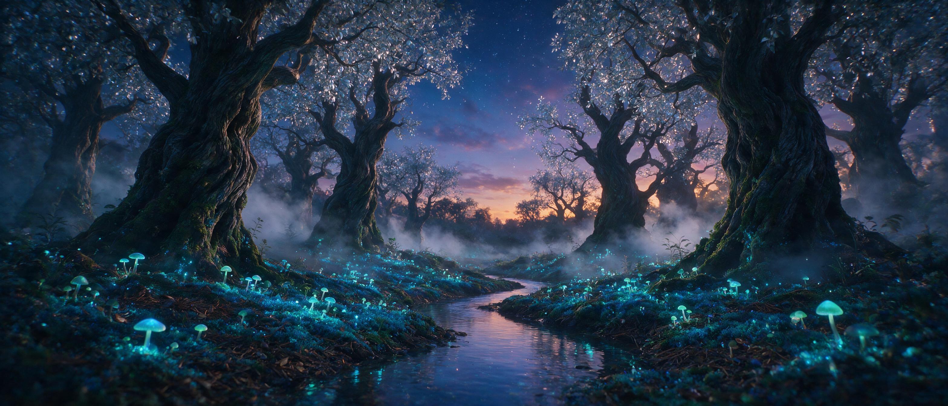 Enchanted forest at twilight, bioluminescent mushrooms and glowing blue moss carpet the ground, ancient twisted trees with silver leaves, a small stream reflects the starry sky, soft mist weaving between trunks, cinematic composition, warm amber and cool teal contrast, slight camera motion blur from
