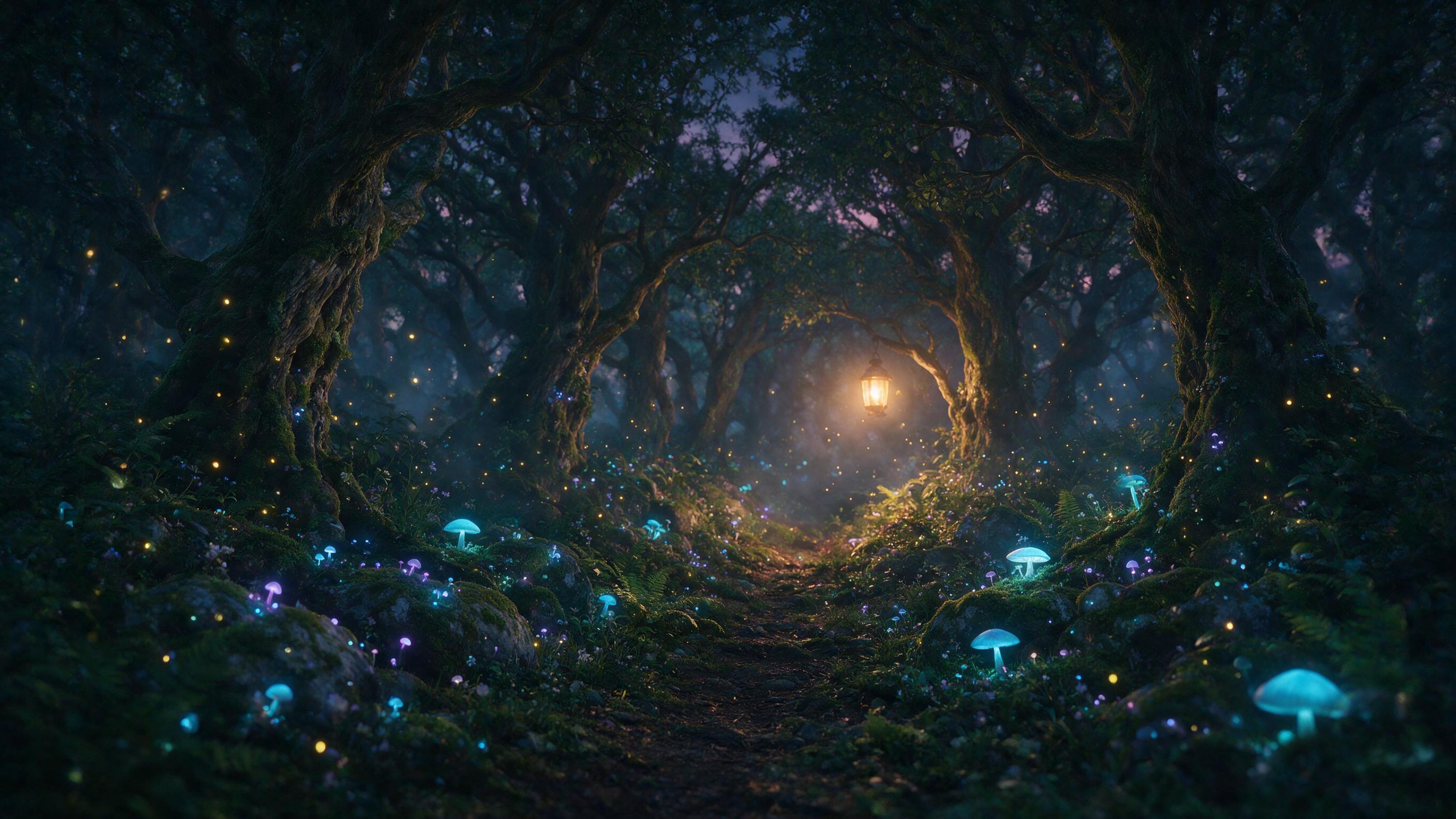 A mystical forest at twilight, glowing bioluminescent mushrooms and floating fireflies, ancient gnarled trees draped in moss, soft mist weaving between trunks, warm amber light from a distant lantern, shallow depth of field, cinematic composition