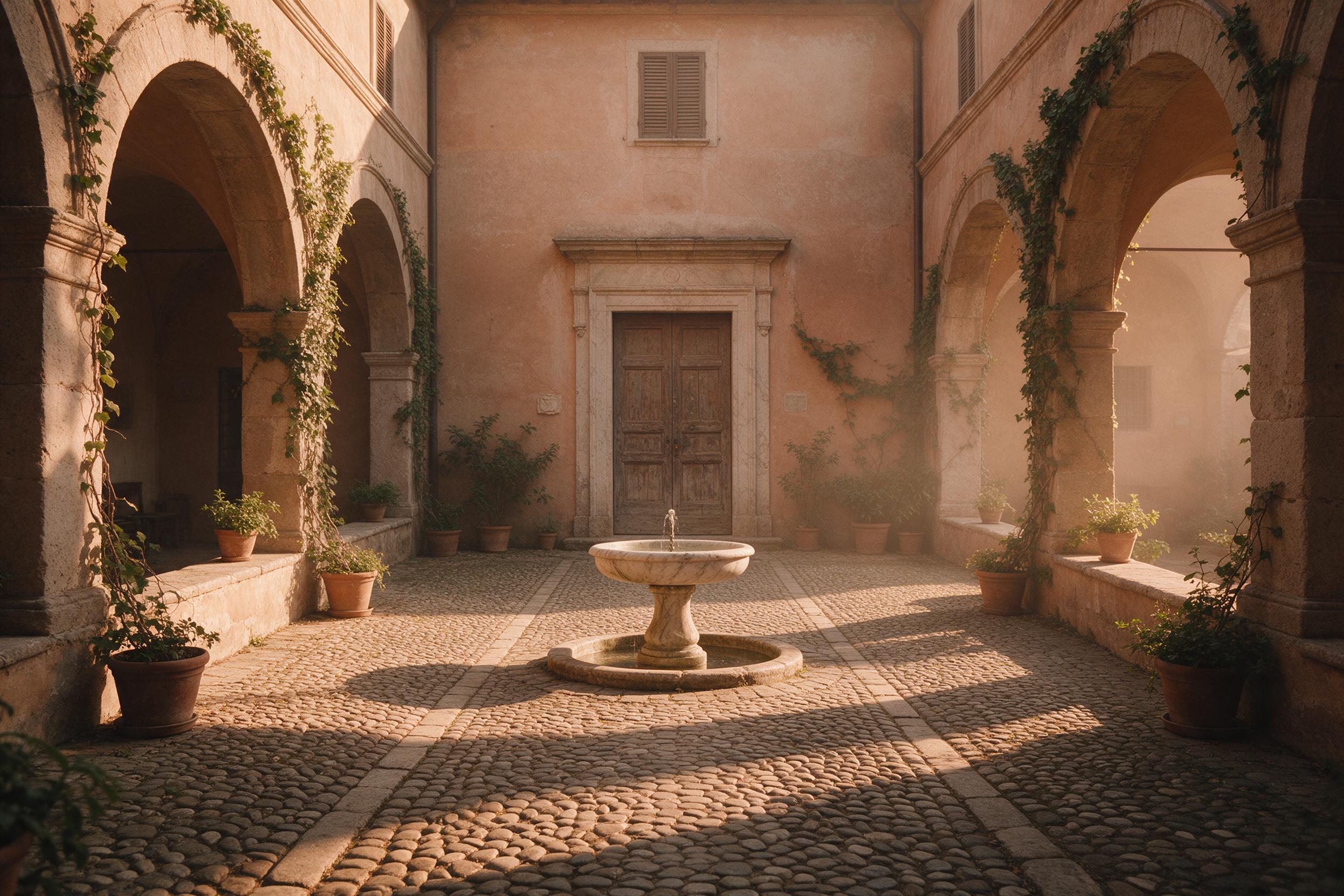 A sunlit classical Italian courtyard at golden hour, stone arches with creeping ivy, a weathered marble fountain, warm terracotta tones, soft shadows stretching across cobblestones, gentle haze in the air, wide-angle composition with a central path leading to an aged wooden door, muted natural color