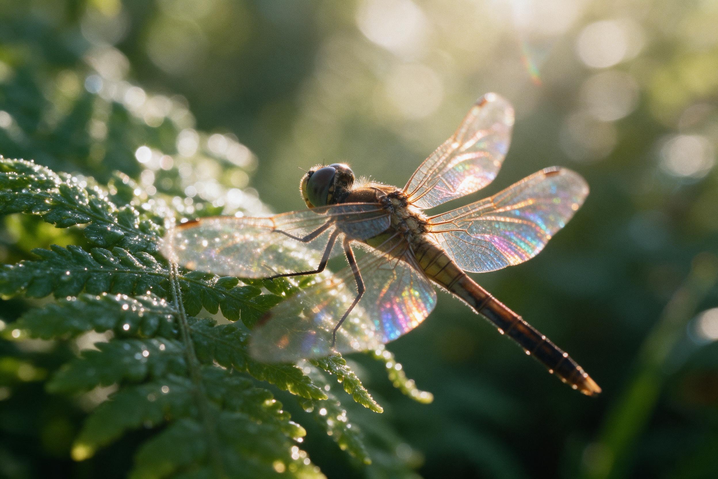A macro photograph of a dragonfly perched on a dew-covered fern frond, its translucent wings refracting warm morning sunlight into prismatic colors, background a soft bokeh of greens and golds, shot with a 100mm lens at f/2.8, natural light flare, slight grain for a film-like texture.