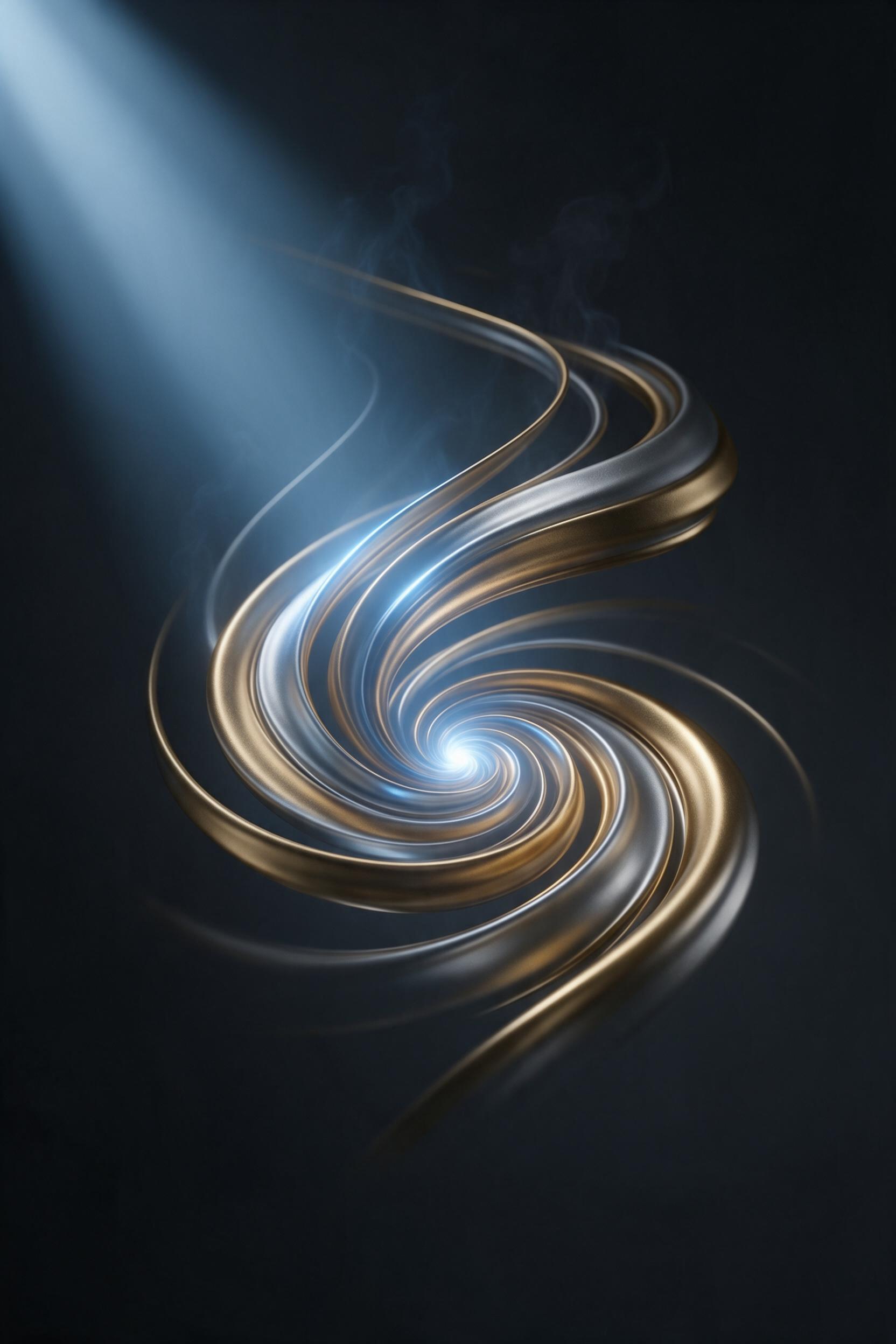 Molten gold and silver streams swirling in a dark void, creating elegant spiral patterns, sharp metallic reflections catching a single beam of cool blue light from upper left, subtle smoke wisps rising, smooth matte finish, no people, minimal composition, contemplative mood