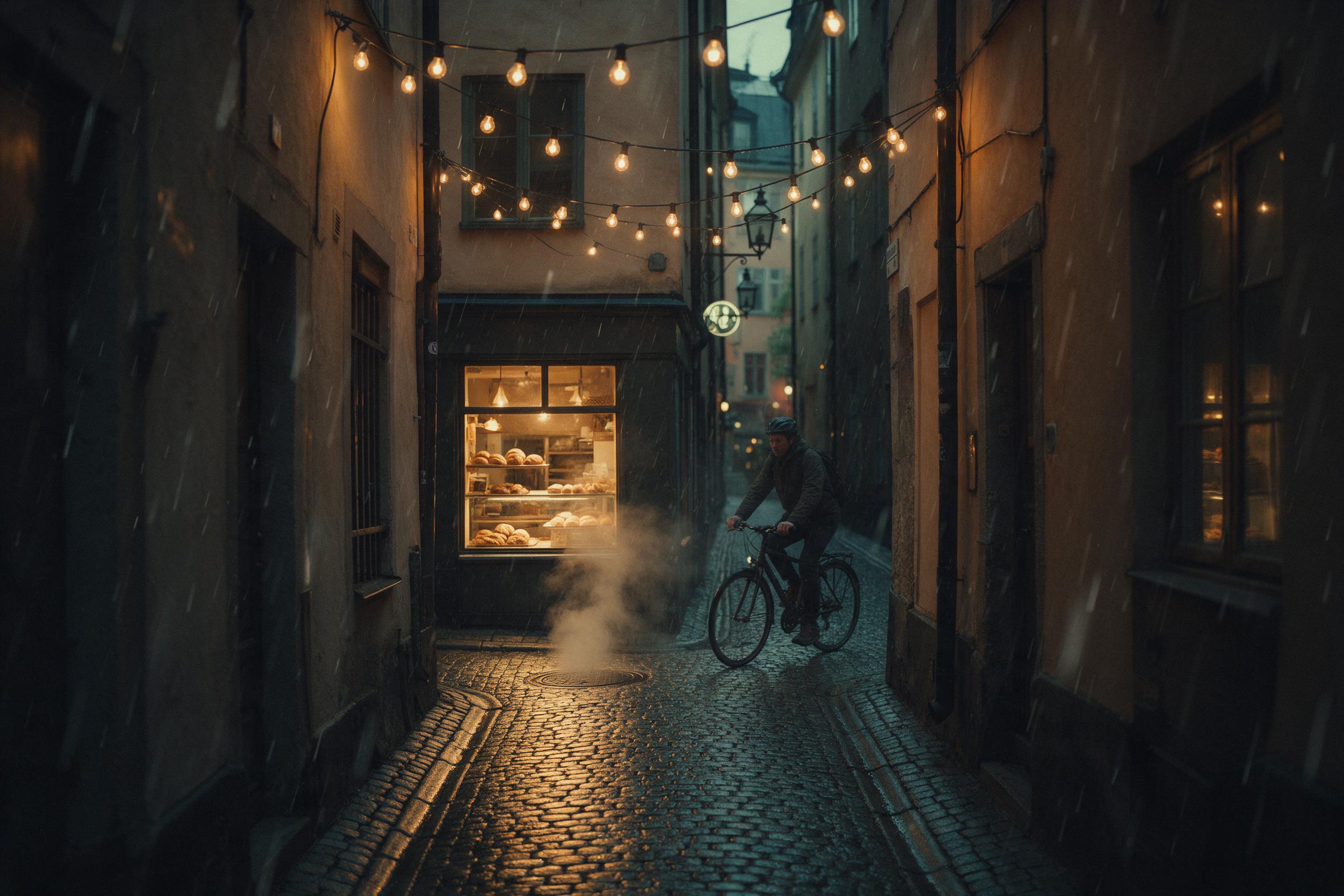 A narrow European cobblestone alley at dusk, warm string lights overhead, a small bakery glowing onto the wet stones, steam rising from a manhole, a lone cyclist passing, soft rain streaks toward the lens, muted teal and amber tones, intimate street photography