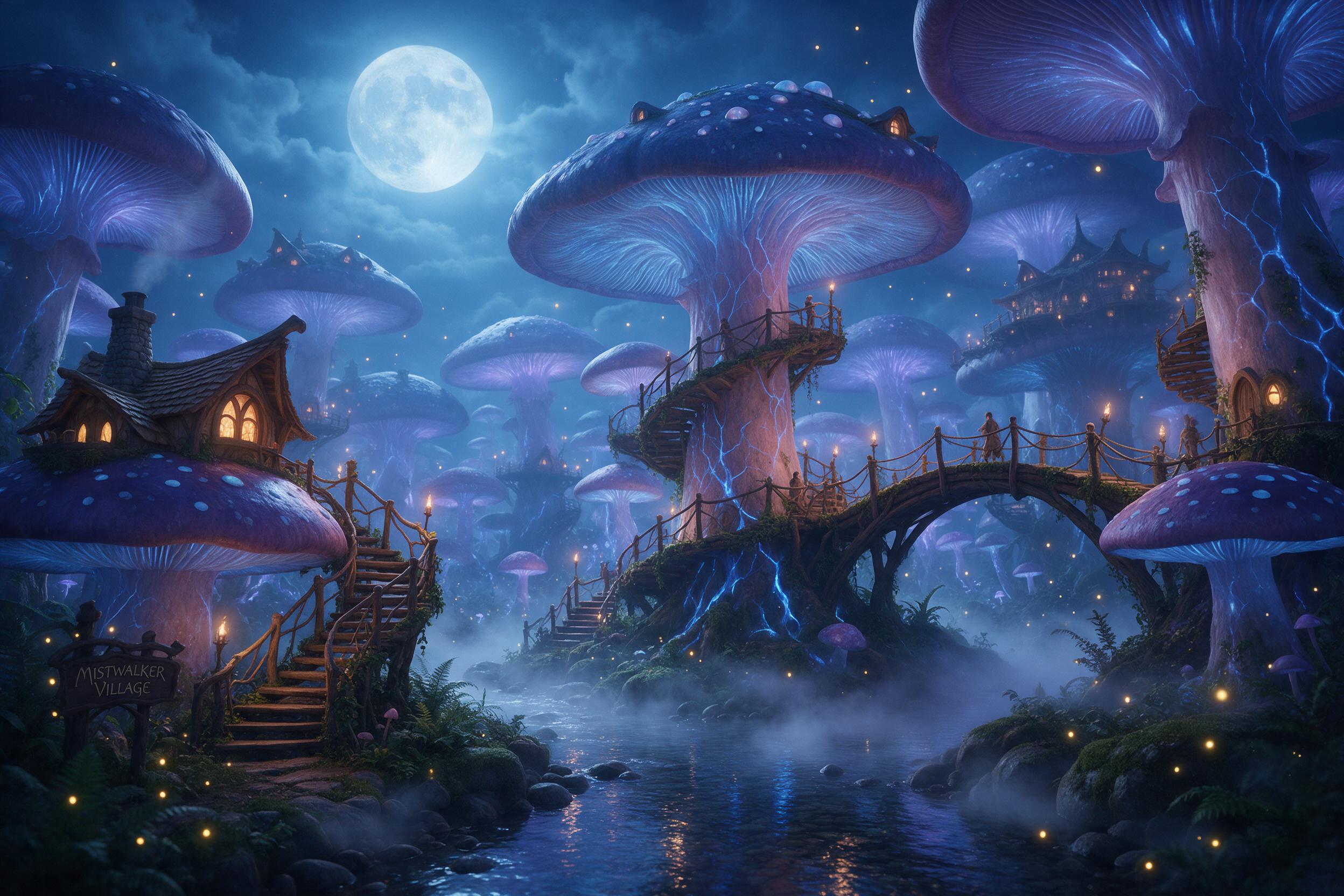 A moonlit elf village nestled in a glowing giant mushroom forest, soft bioluminescent blue and purple light illuminating wooden spiral staircases bridging between caps, gentle mist rolling over a crystal clear stream below, fireflies dotting the air, cinematic composition, warm torches contrasting c