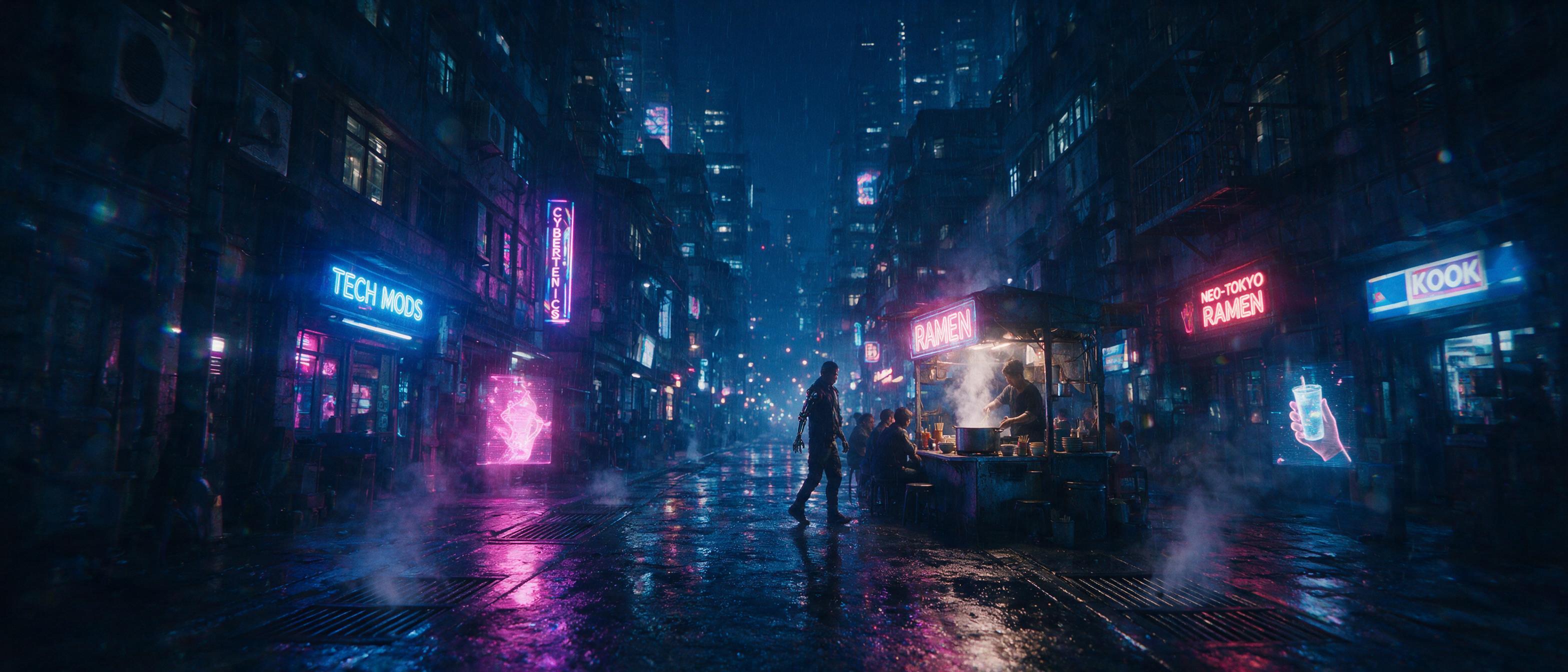 A neon-lit alleyway in a cyberpunk city at night, rain-slicked streets reflecting glowing holographic ads, a lone figure with a cybernetic arm walks past a flickering noodle stand, steam rising from vents, cinematic composition with deep blue and magenta tones, slight lens flare, shallow depth of fi